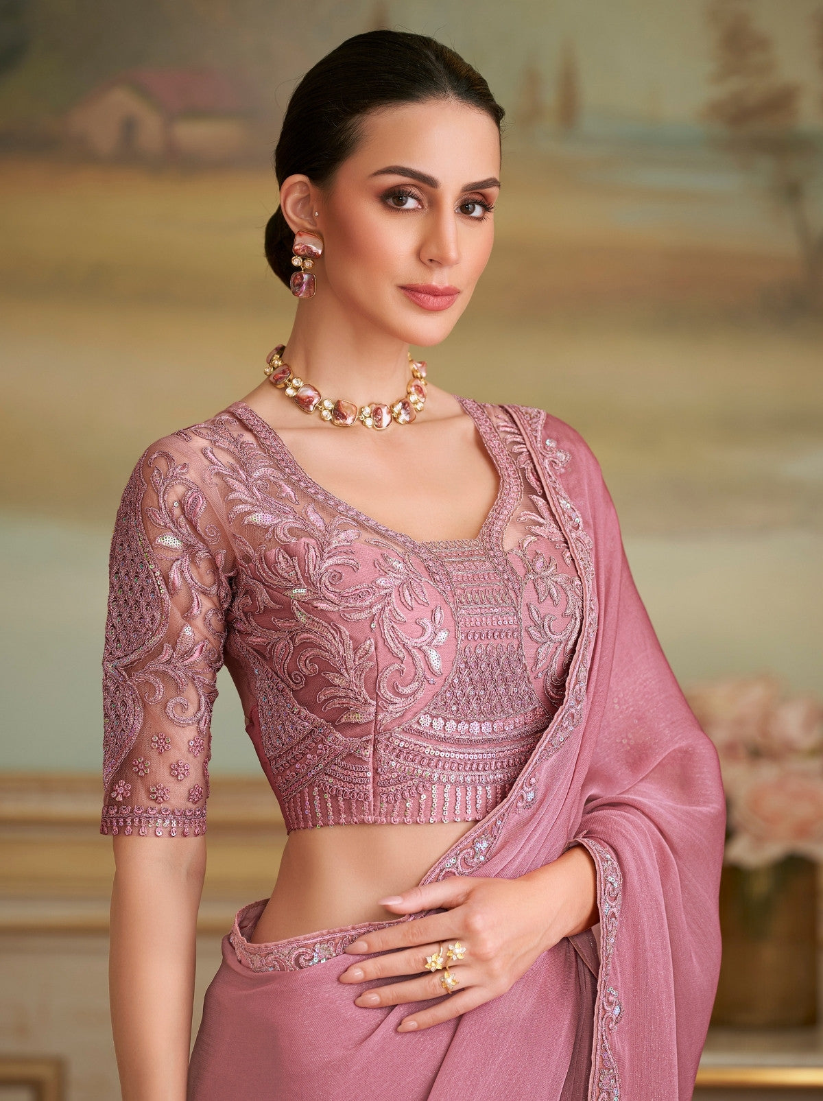 Rose Pink Premium Georgette Silk Saree For Wedding & Parties