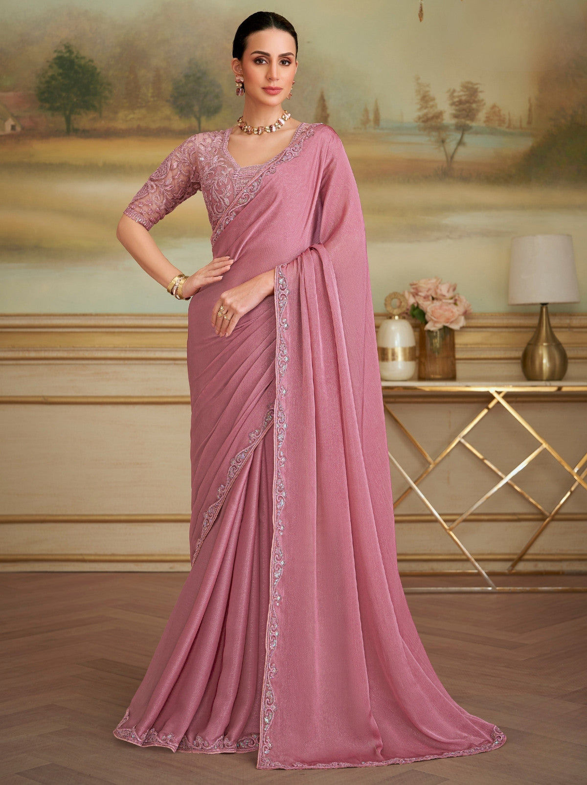 Rose Pink Premium Georgette Silk Saree For Wedding & Parties