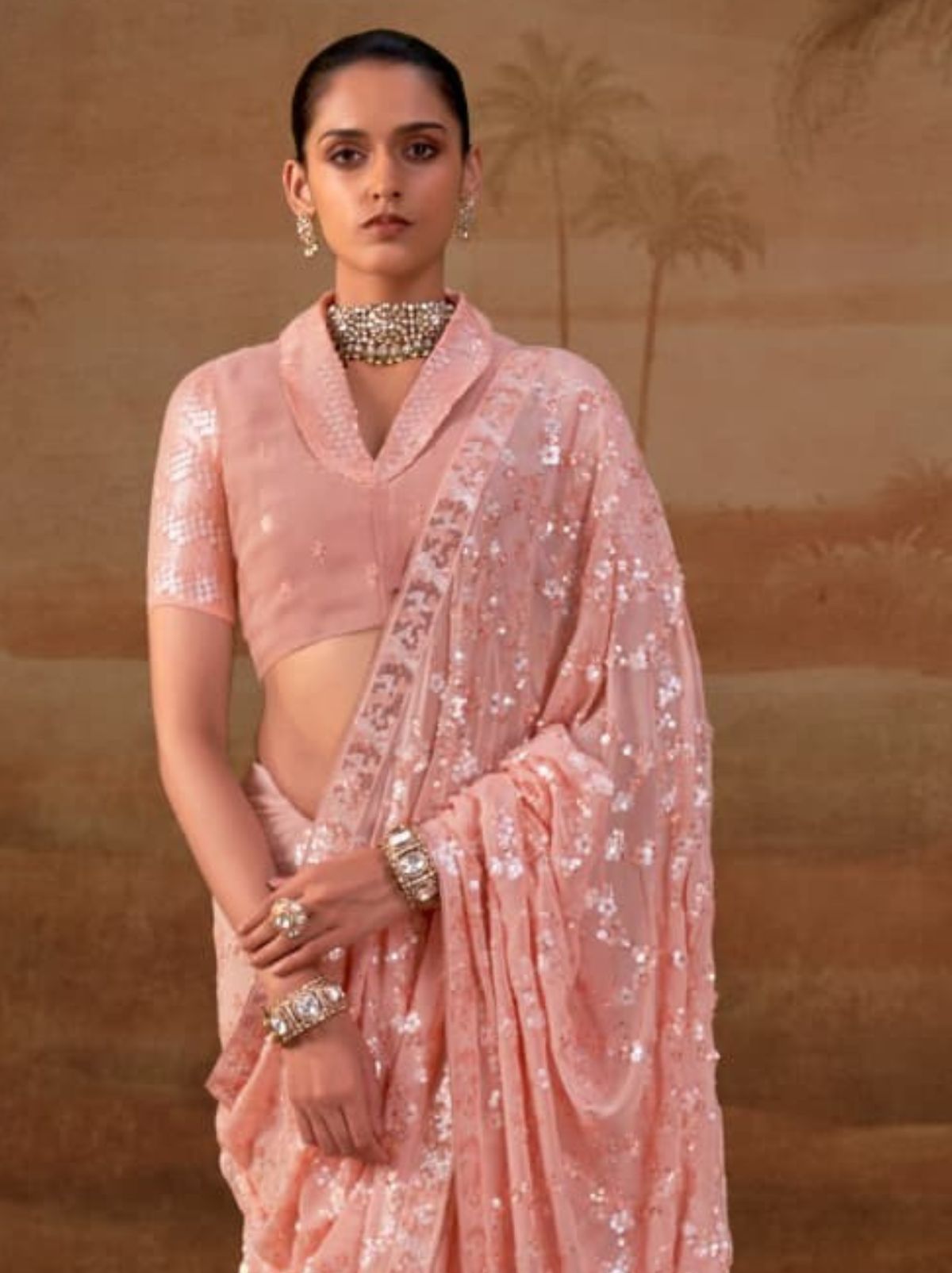 Peach Pink Premium Georgette Silk Saree Sequin & Thread Work