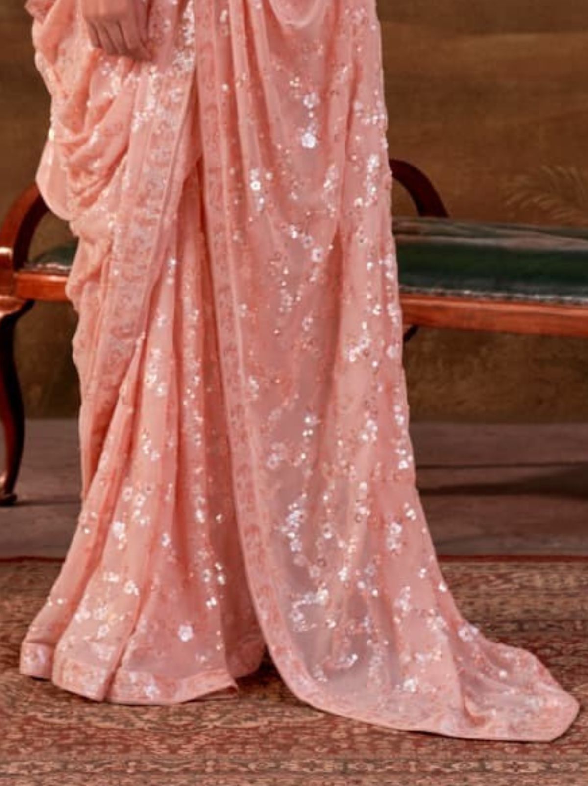 Peach Pink Premium Georgette Silk Saree Sequin & Thread Work