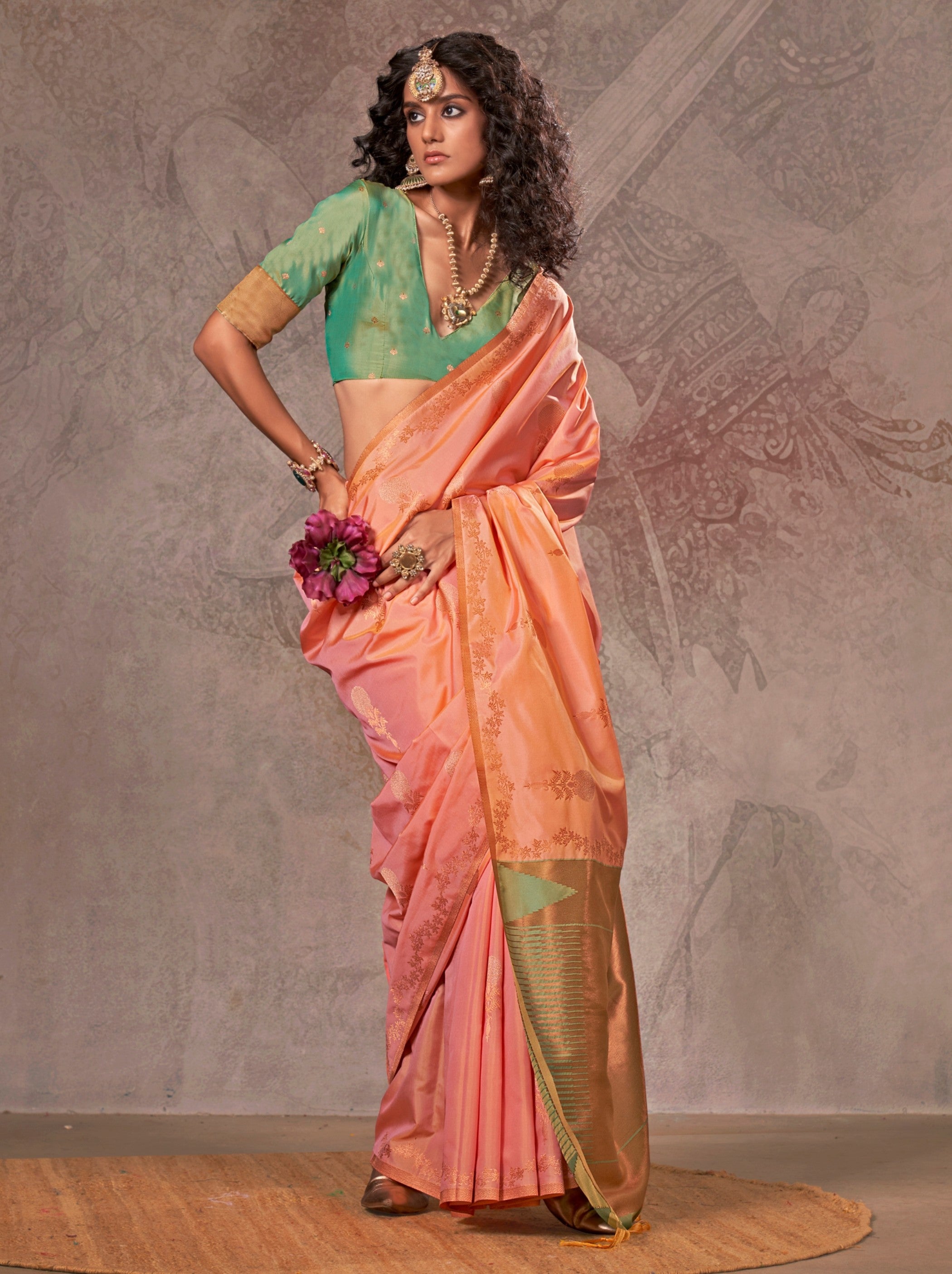 Peach Pink Designer Two Tone Handloom Silk Saree With Zari Work - TrendOye