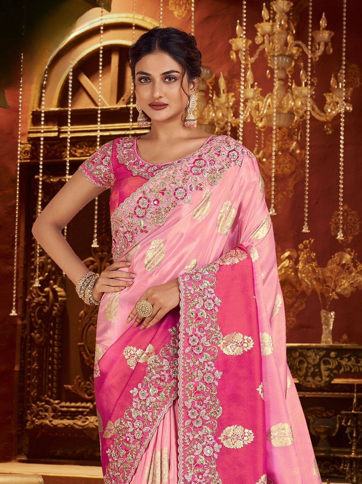 Pink Ombre Premium Heavy Work Bridal Saree With Rich Border Design