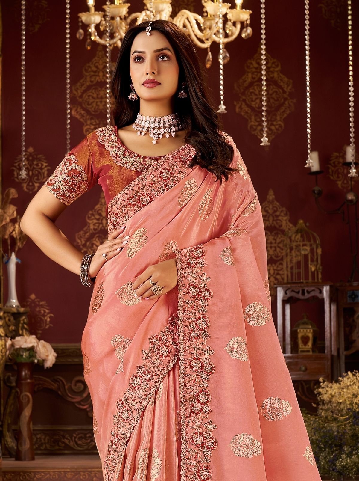 Salmon Pink Premium Heavy Work Bridal Saree With Rich Border Design