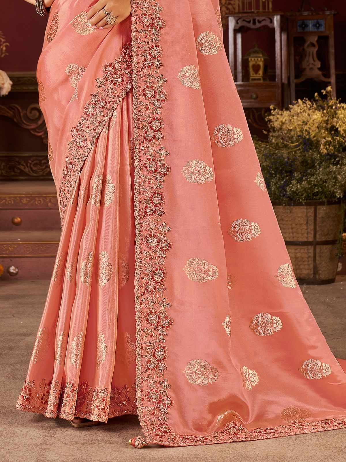 Salmon Pink Premium Heavy Work Bridal Saree With Rich Border Design
