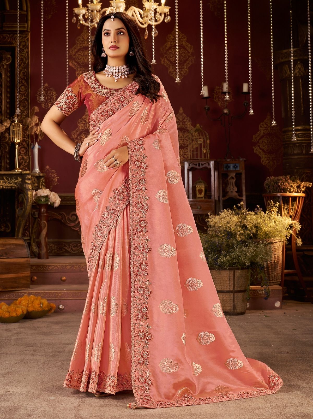 Salmon Pink Premium Heavy Work Bridal Saree With Rich Border Design