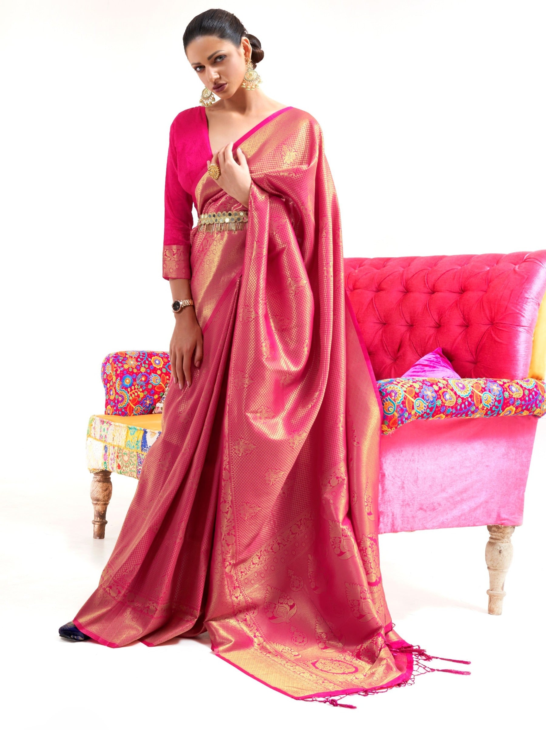 Cerise Pink Premium Kanjeevaram Silk Wedding Saree - TrendOye