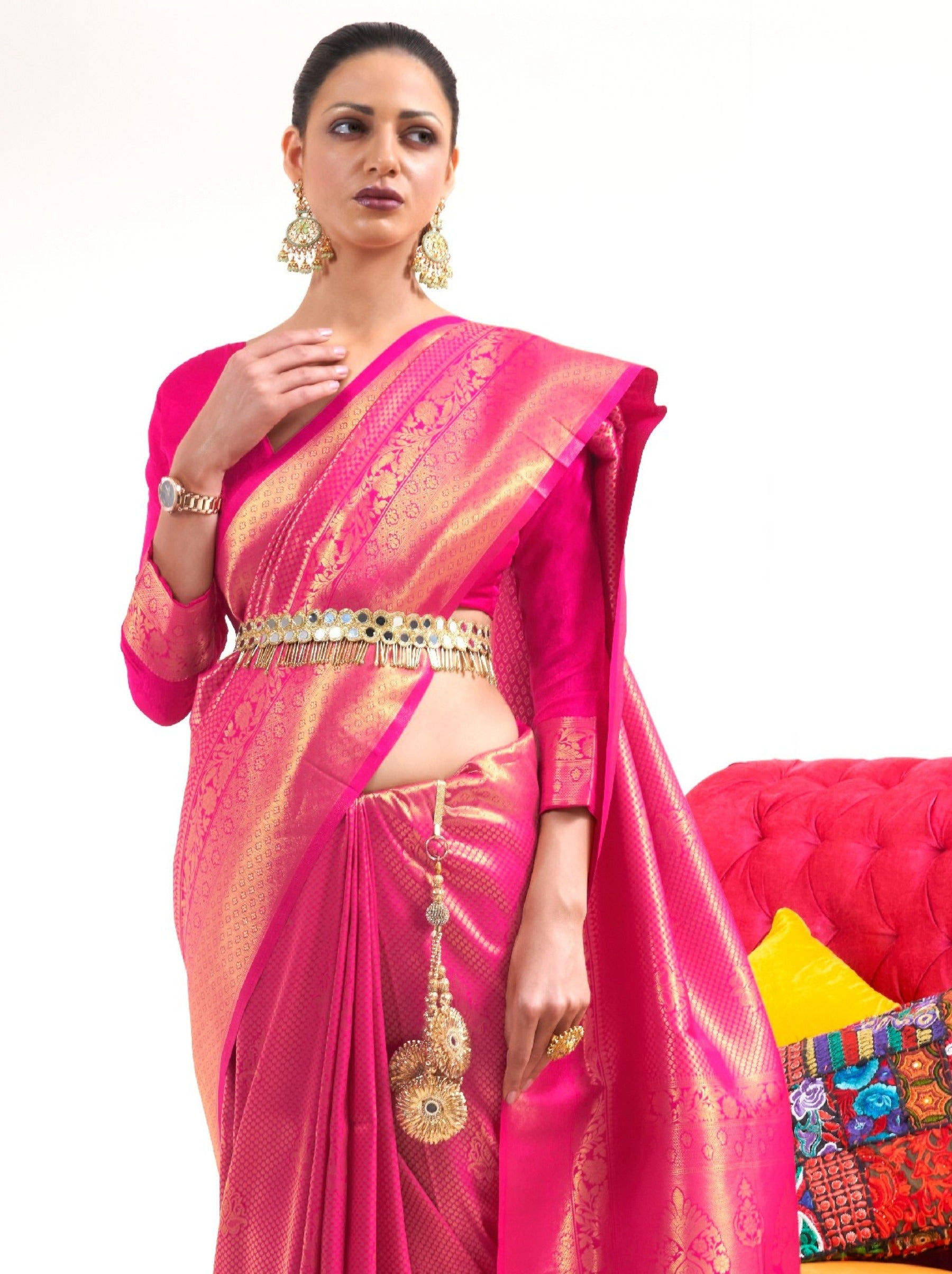 Magenta Pink Premium Kanjeevaram Silk Wedding Saree - TrendOye