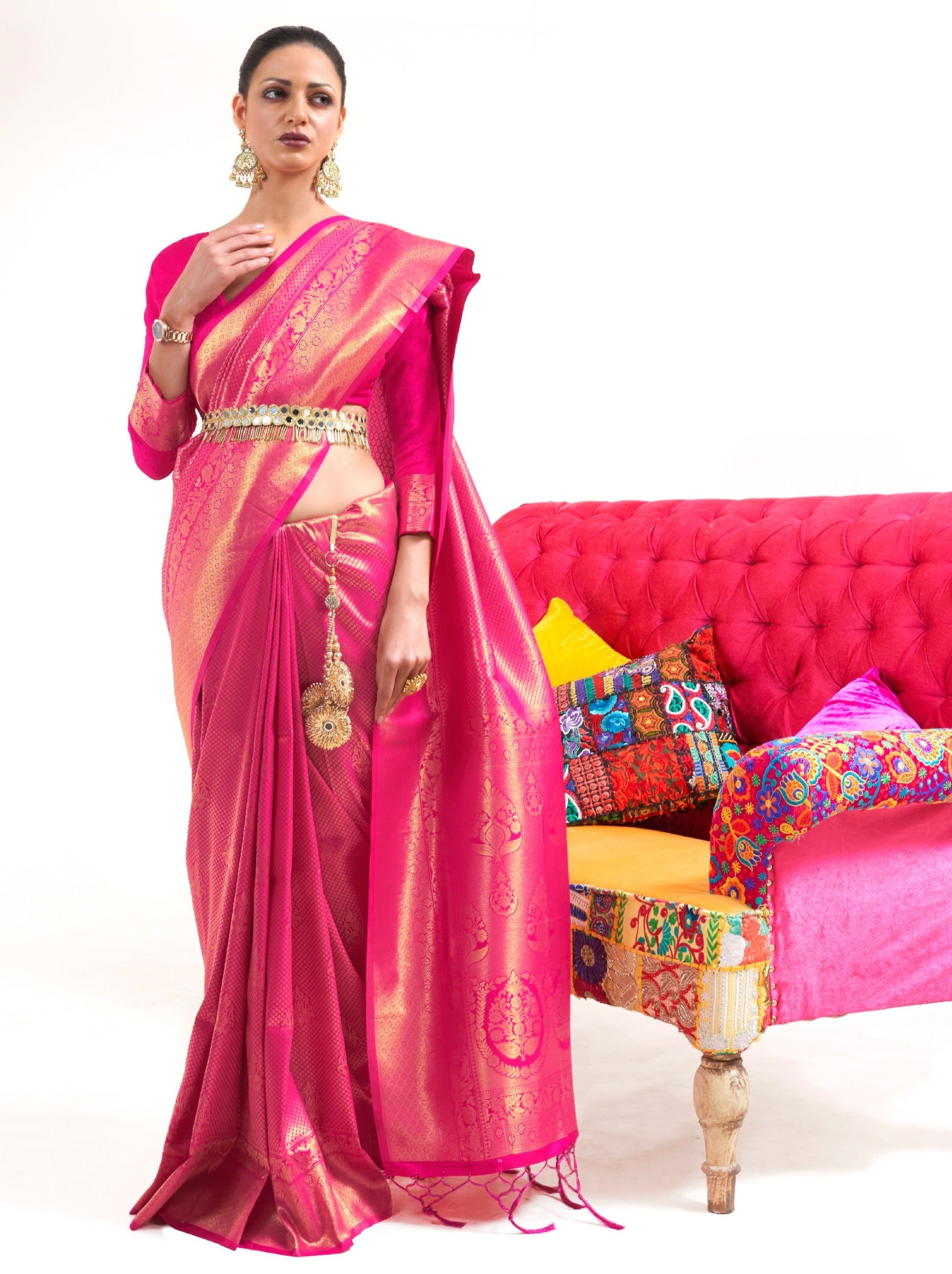 Magenta Pink Premium Kanjeevaram Silk Wedding Saree - TrendOye