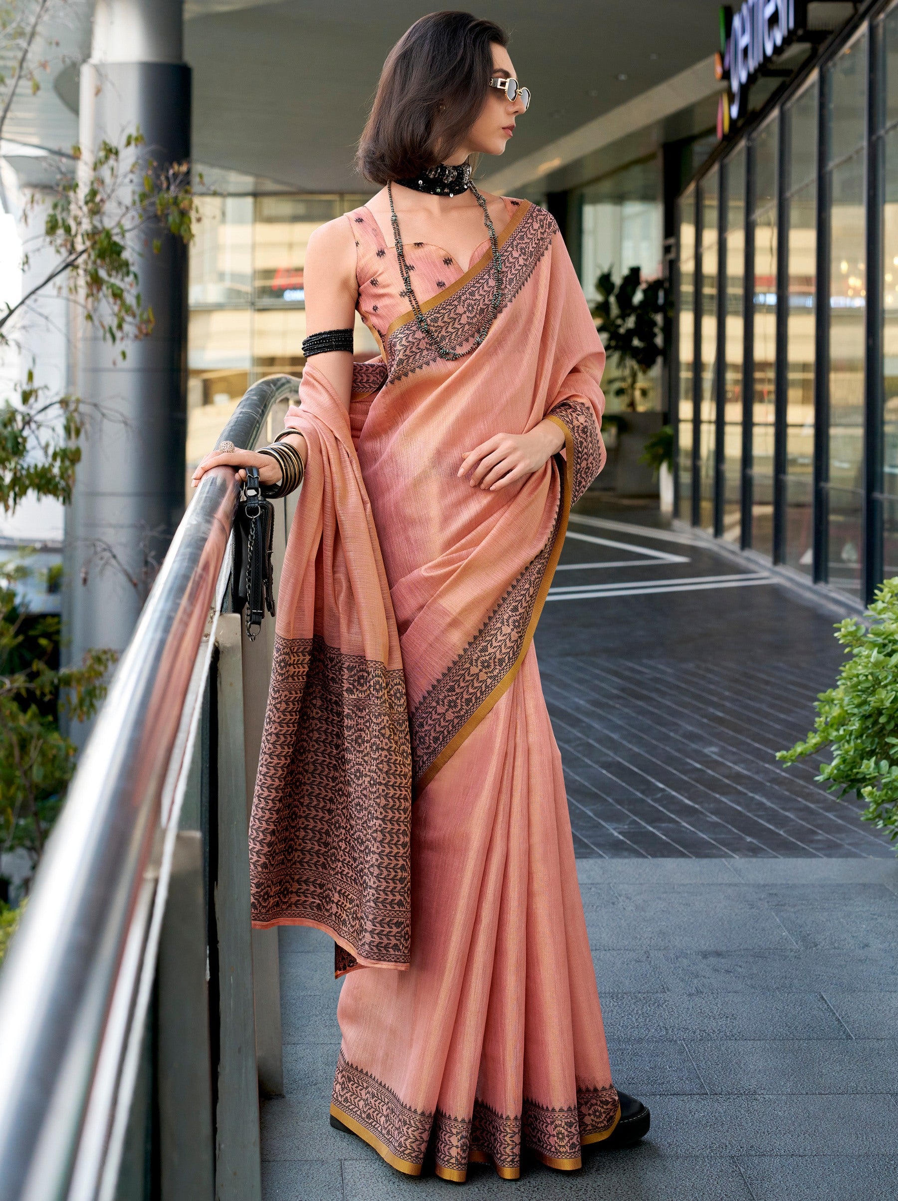 Brick Pink Premium Linen Tissue Celebration Saree - TrendOye