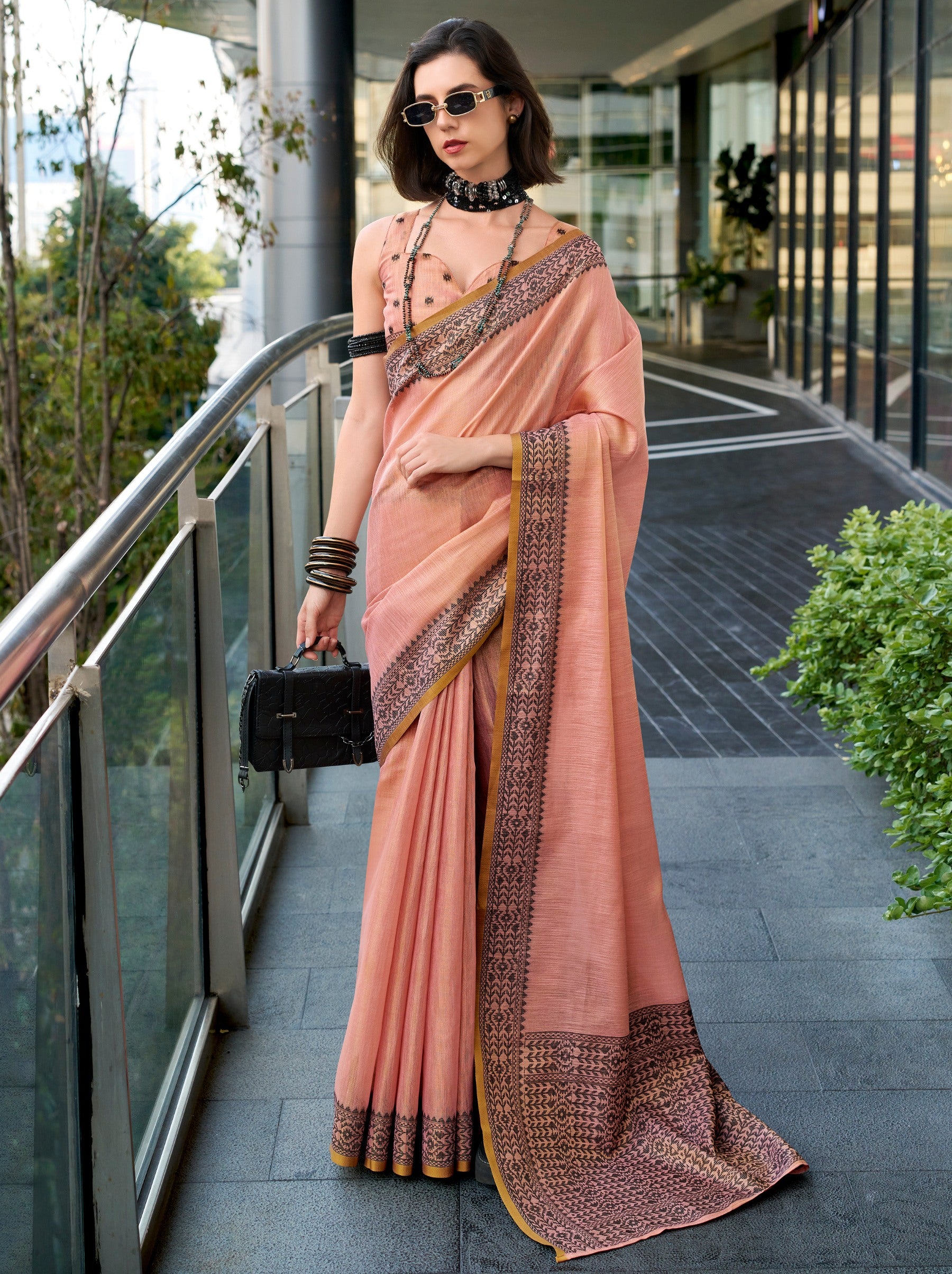 Brick Pink Premium Linen Tissue Celebration Saree - TrendOye