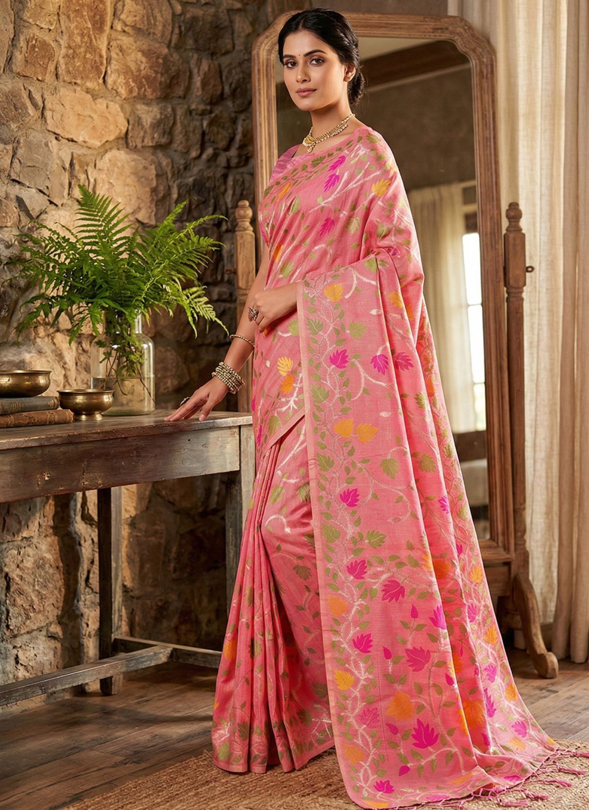 Brick Pink Premium Linen Cotton Saree With Floral Pattern - TrendOye