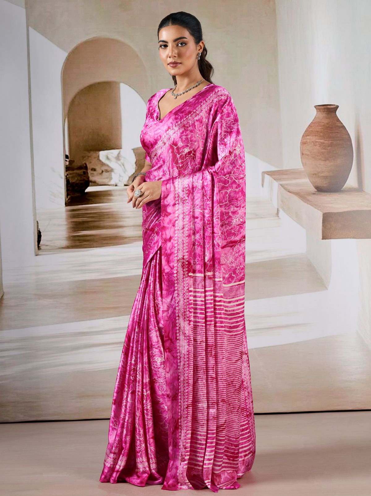 Hot Pink Premium Modal Satin Silk Saree - TrendOye