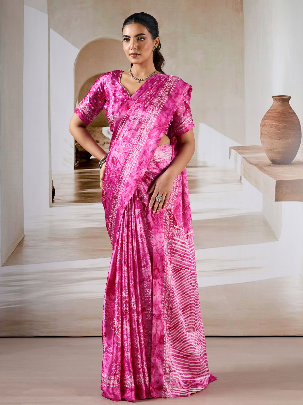 Hot Pink Premium Modal Satin Silk Saree - TrendOye