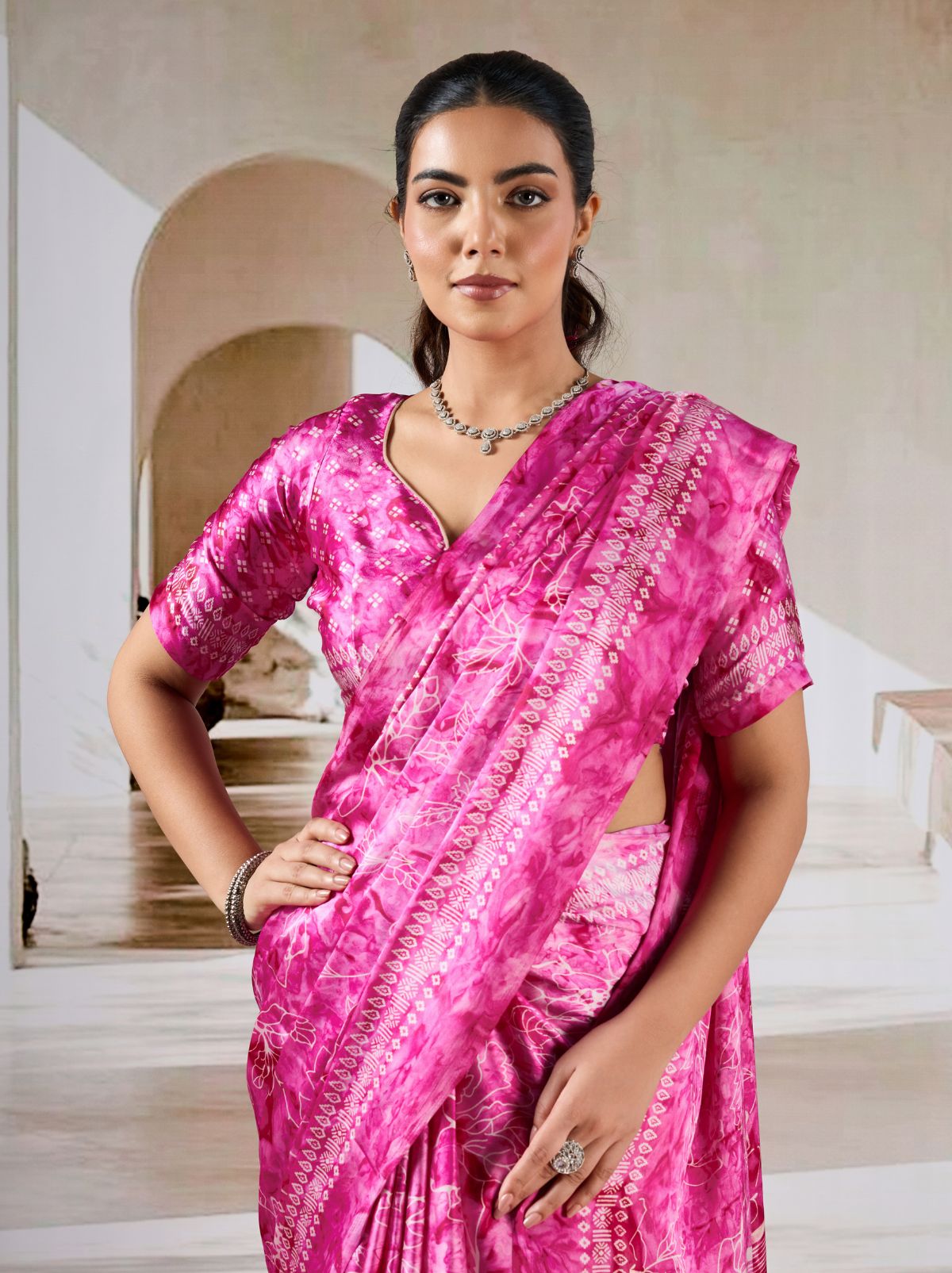 Hot Pink Premium Modal Satin Silk Saree - TrendOye