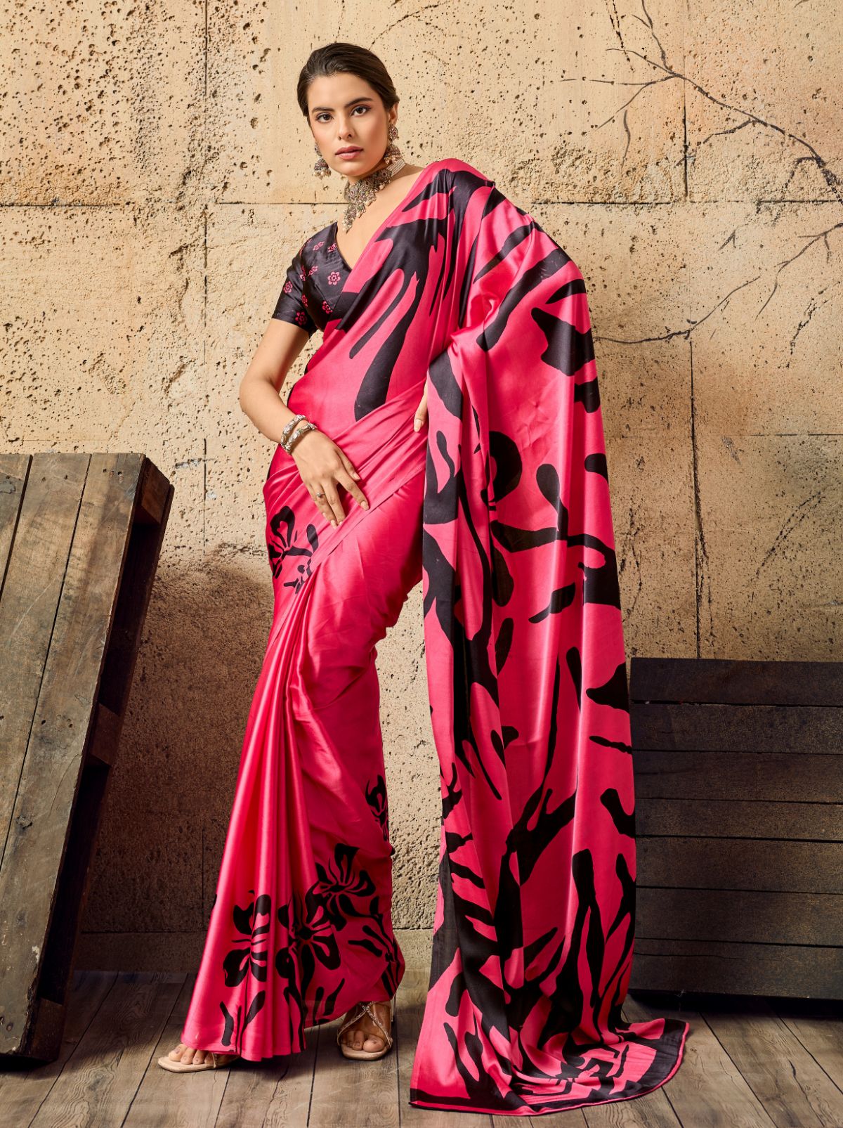 Magenta Pink Premium Modal Satin Silk Saree With Blouse Piece