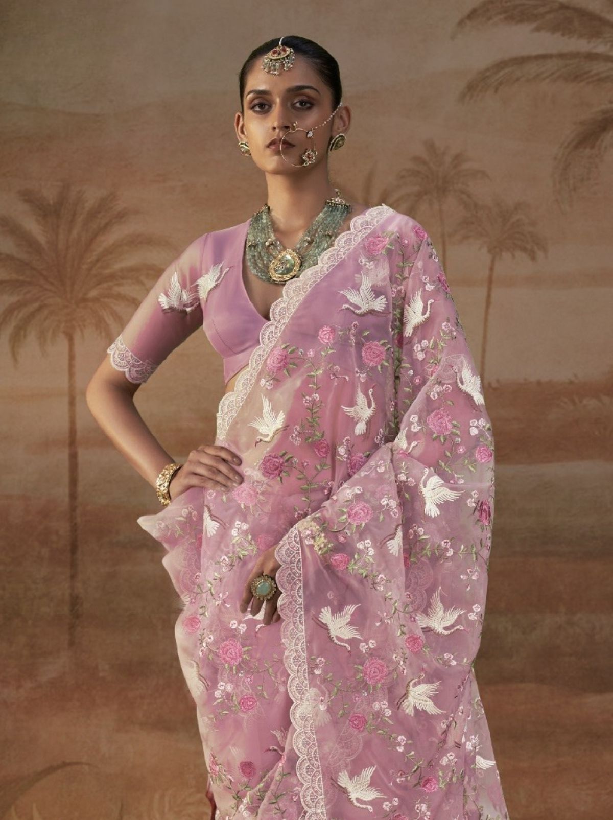 Pastel Pink Premium Organza Silk Saree with Floral Embroidery