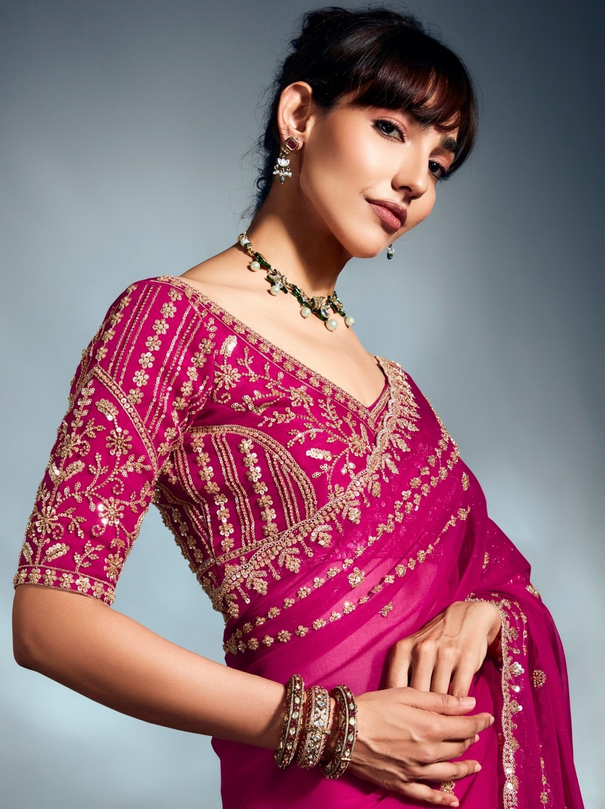 Magenta Pink Tissue Organza Wedding Saree With Blouse Piece