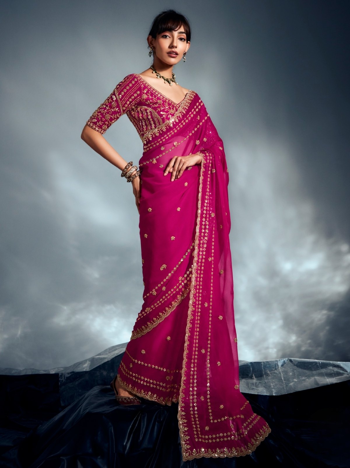 Magenta Pink Tissue Organza Wedding Saree With Blouse Piece