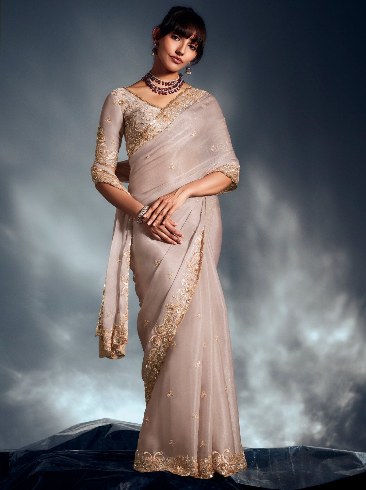Lavender Pink Tissue Organza Wedding Saree With Blouse Piece