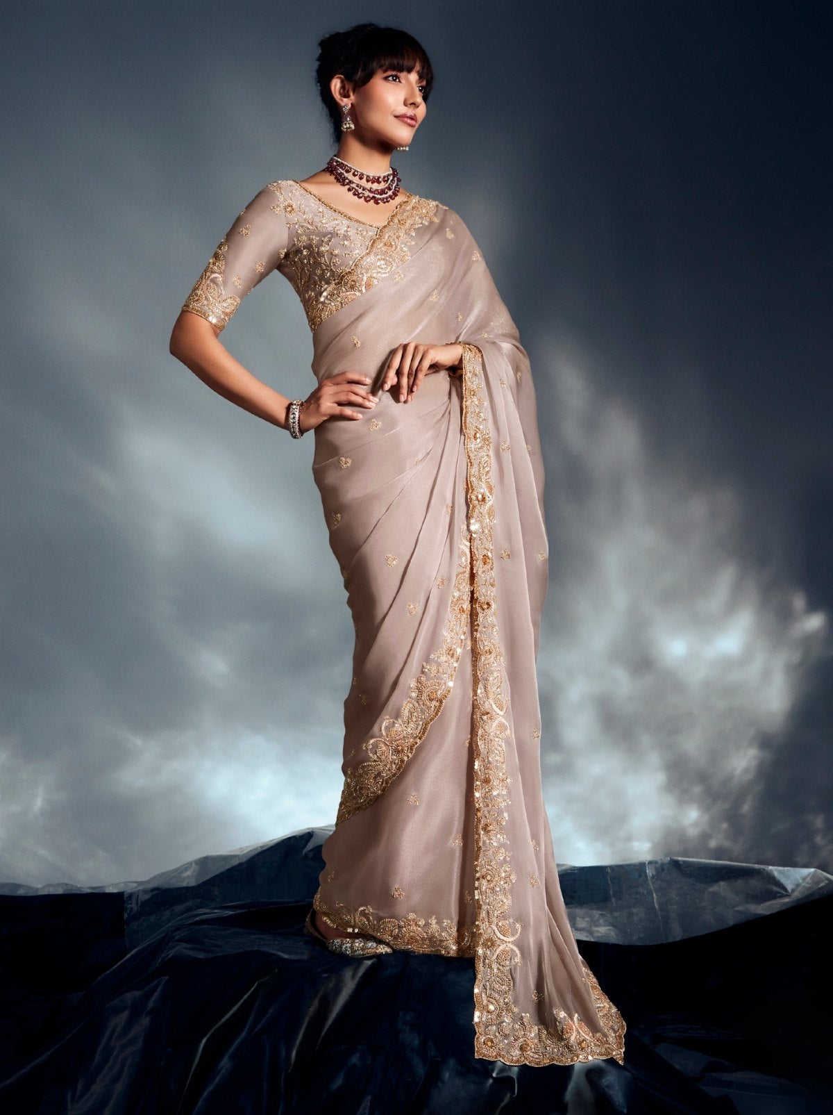 Lavender Pink Tissue Organza Wedding Saree With Blouse Piece