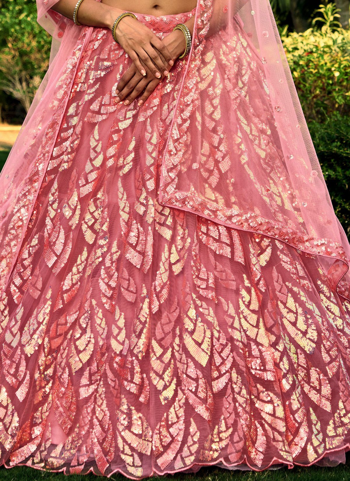Powder Pink Premium Party Lehenga Set With Sequin Work - TrendOye