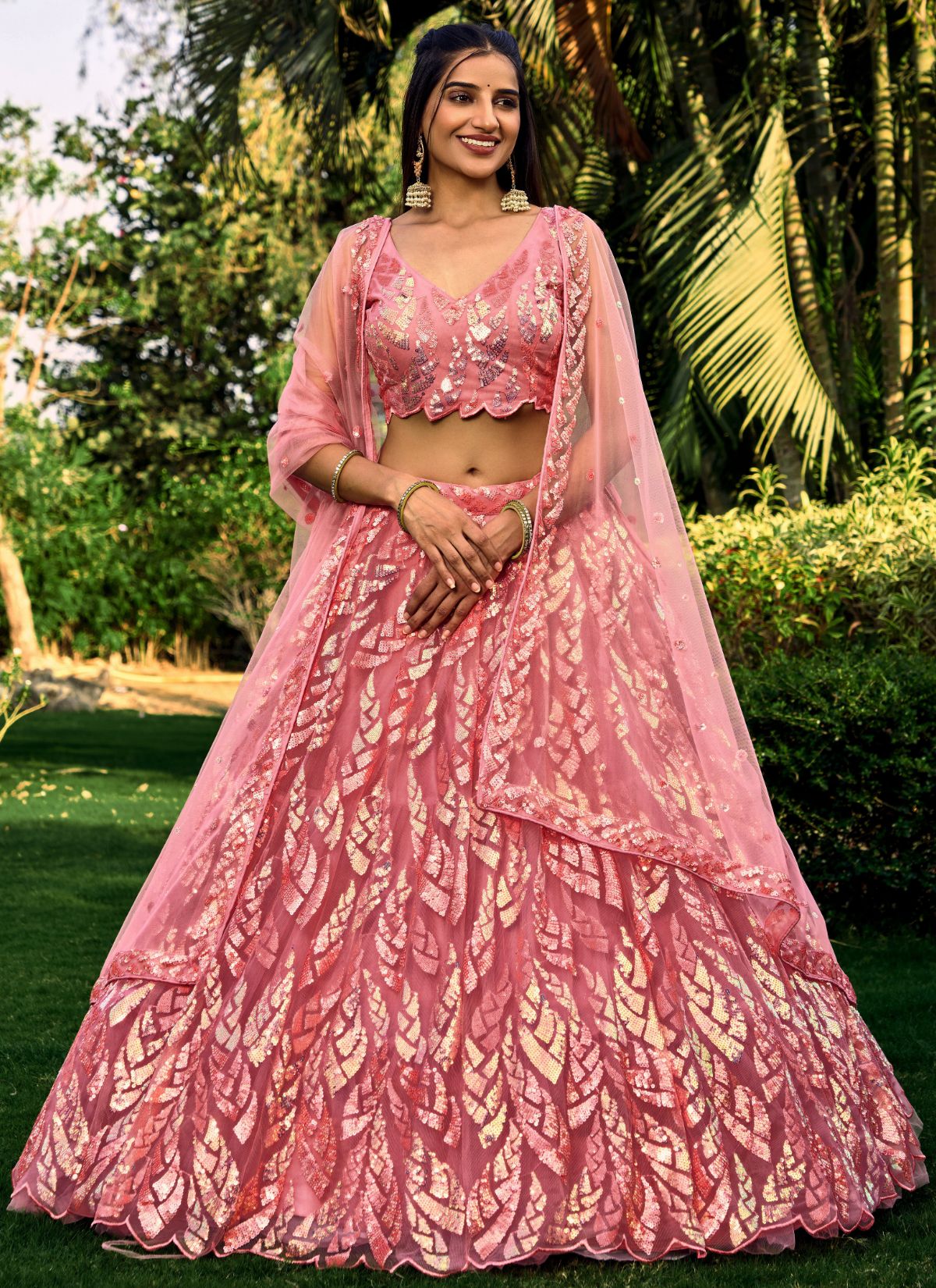Powder Pink Premium Party Lehenga Set With Sequin Work - TrendOye