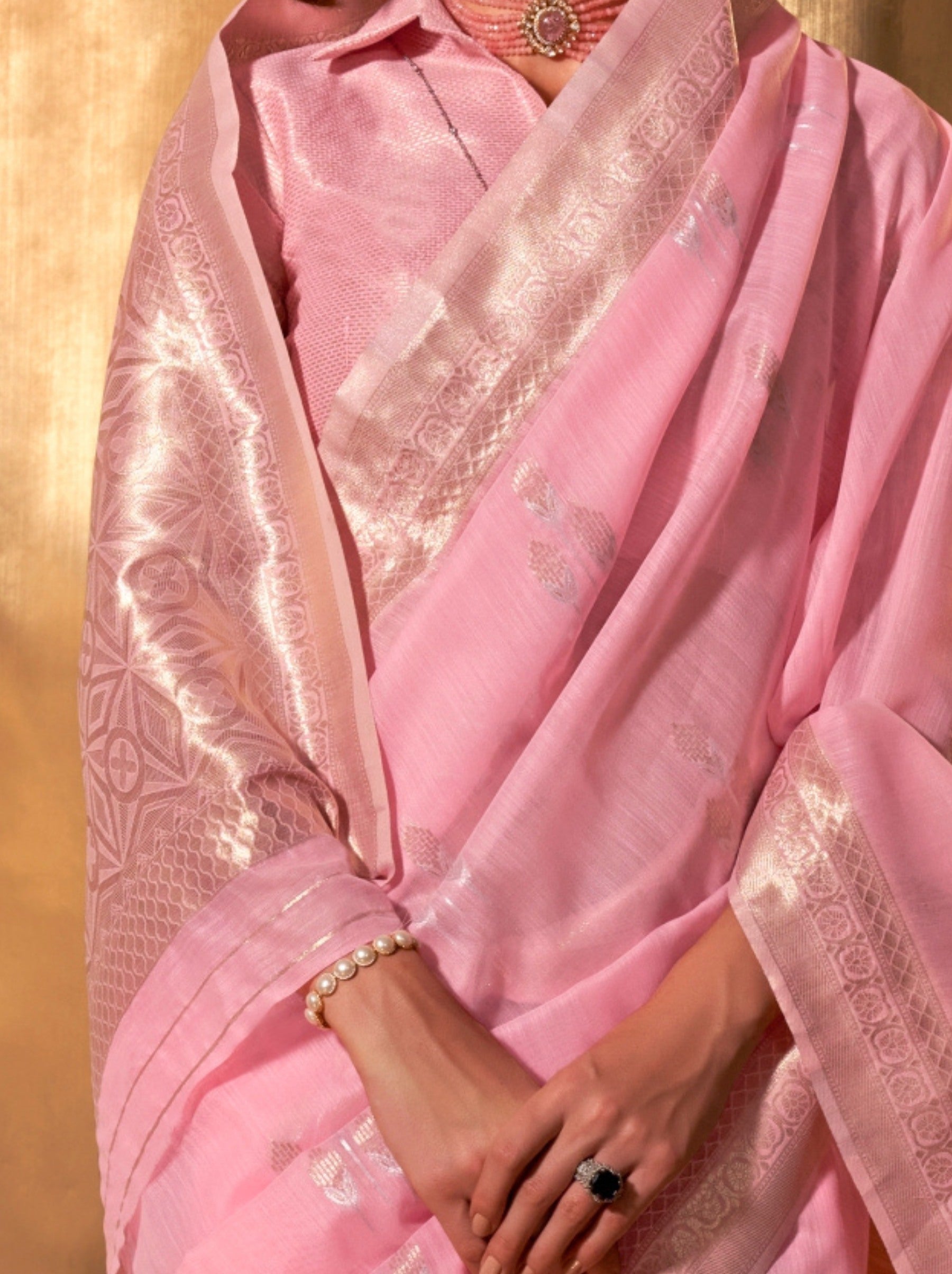 Taffy Pink Designer Linen Silk Saree With Blouse Piece - TrendOye