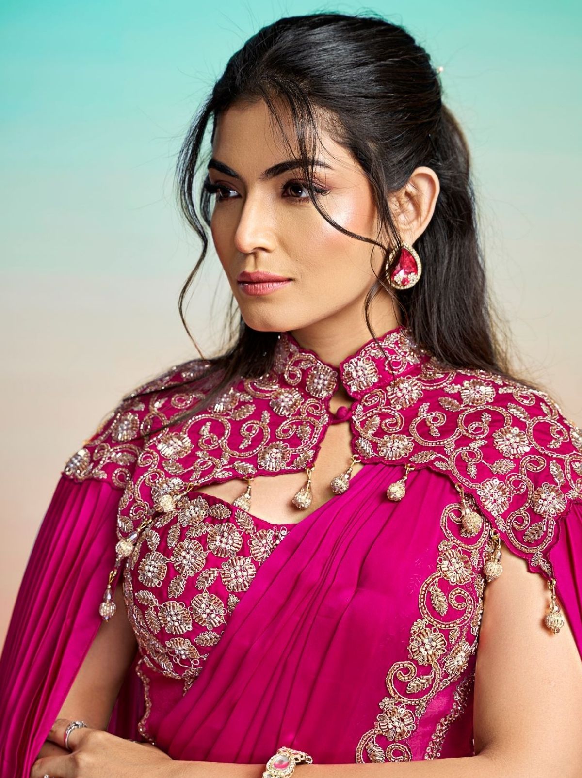 Barbie Pink Premium Satin Silk Ready to Wear Saree with Cape