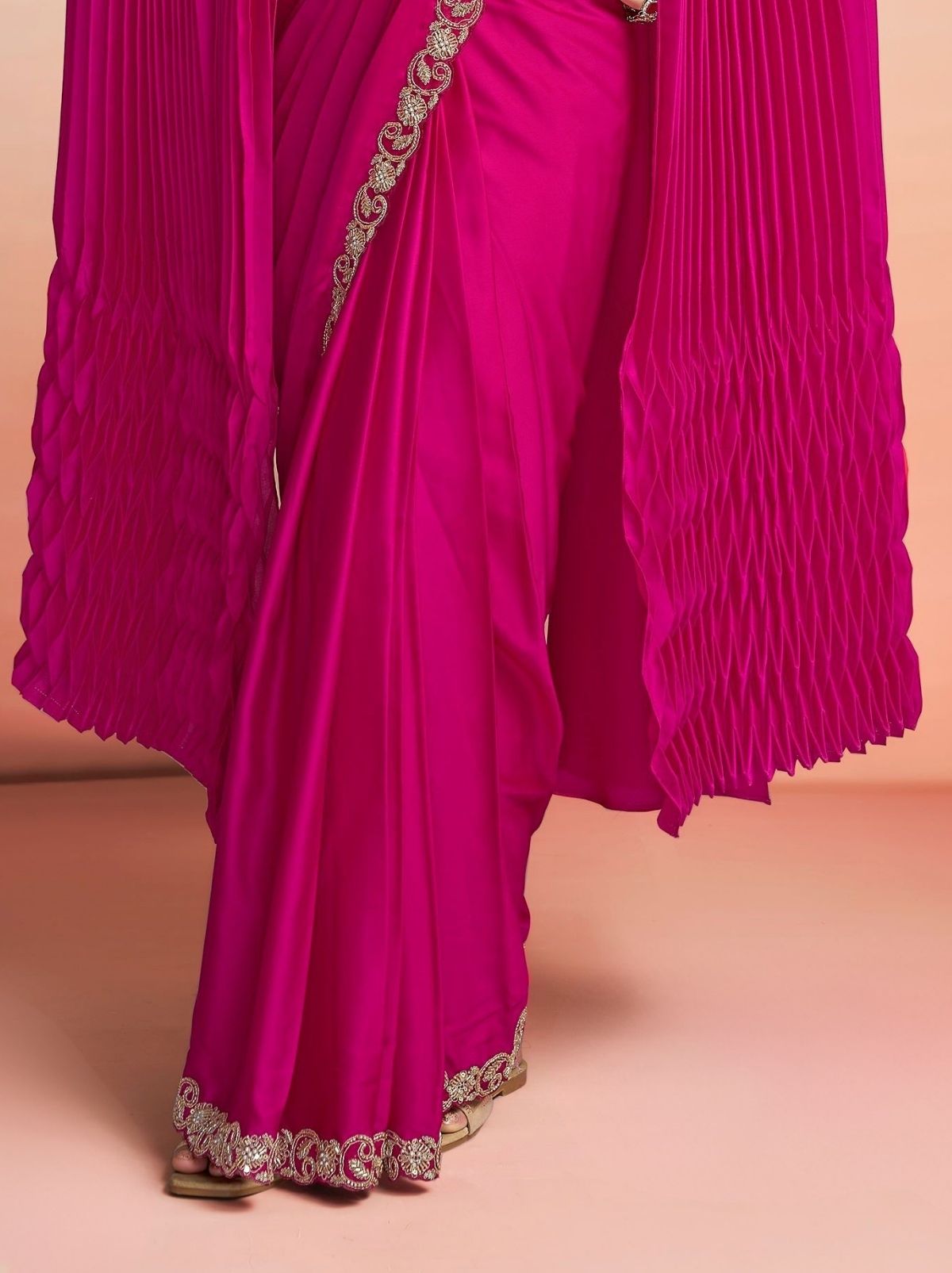 Barbie Pink Premium Satin Silk Ready to Wear Saree with Cape