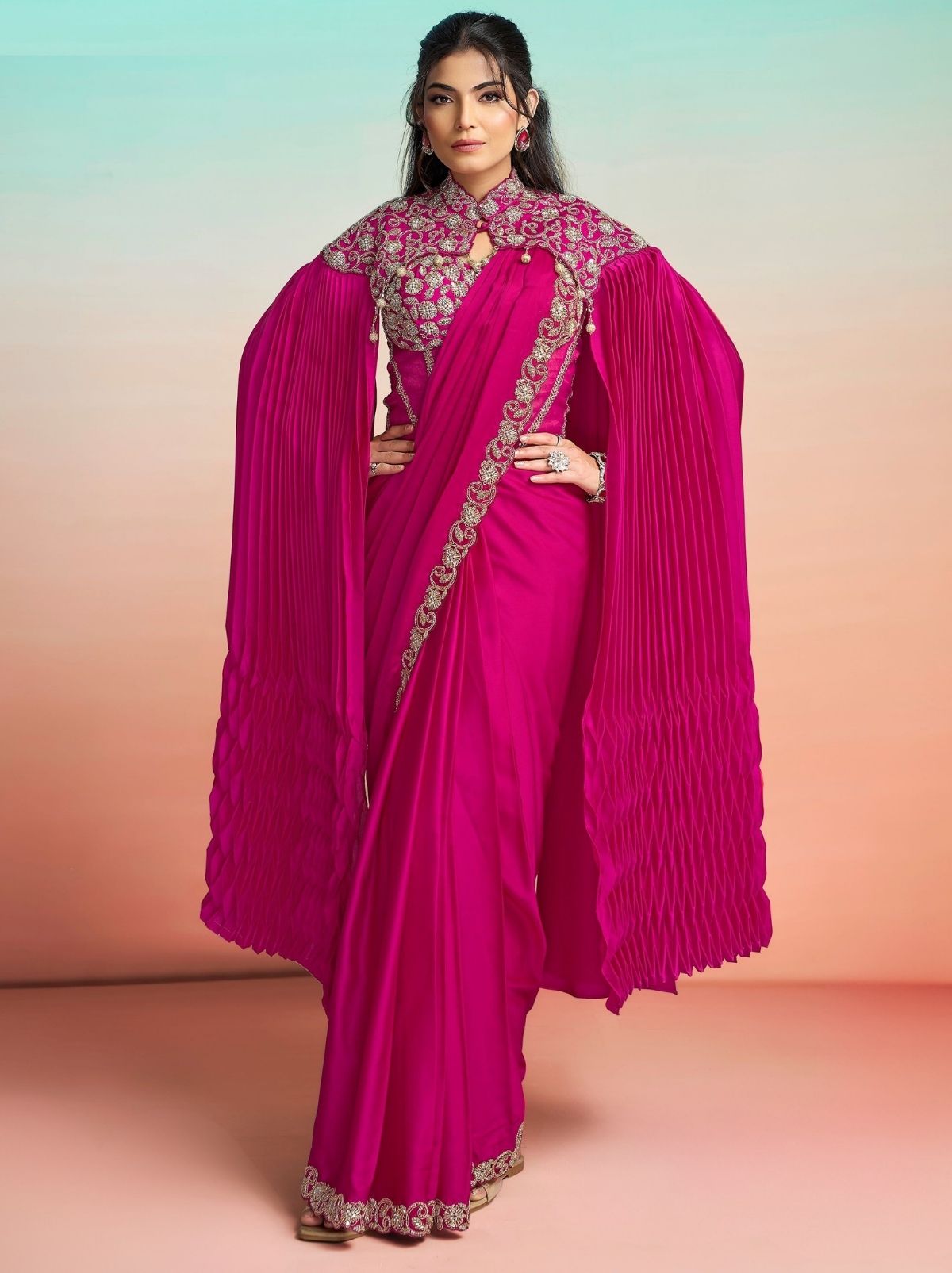 Barbie Pink Premium Satin Silk Ready to Wear Saree with Cape
