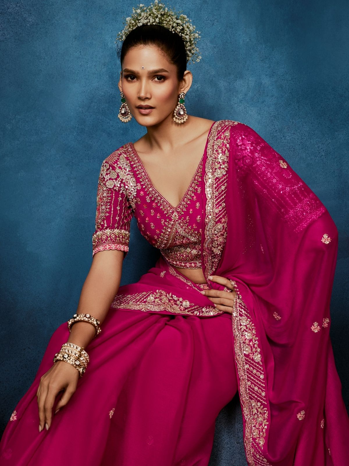 Ruby Pink Premium Sequin Embellished Designer Saree With Blouse - TrendOye