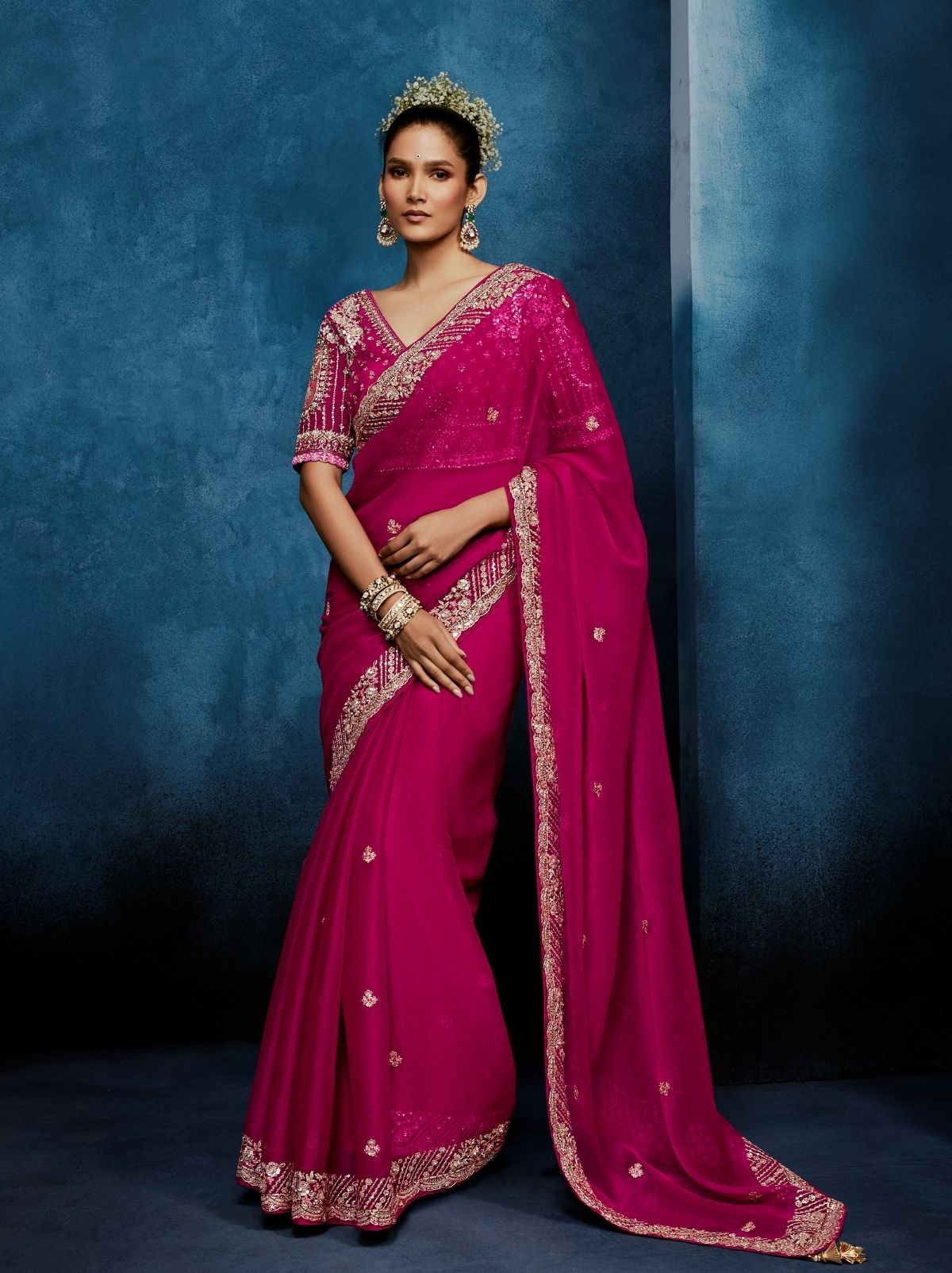 Ruby Pink Premium Sequin Embellished Designer Saree With Blouse - TrendOye