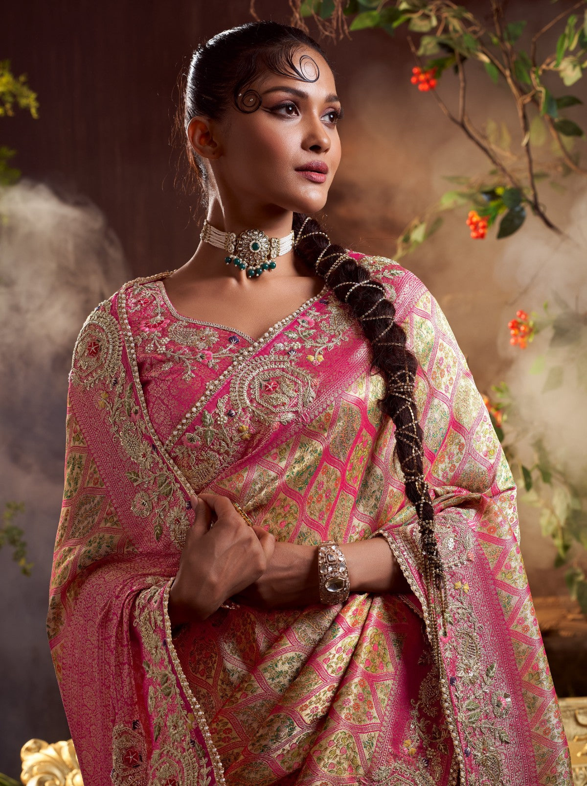 Rose Pink Premium Silk Blend Saree With Gold Thread Work