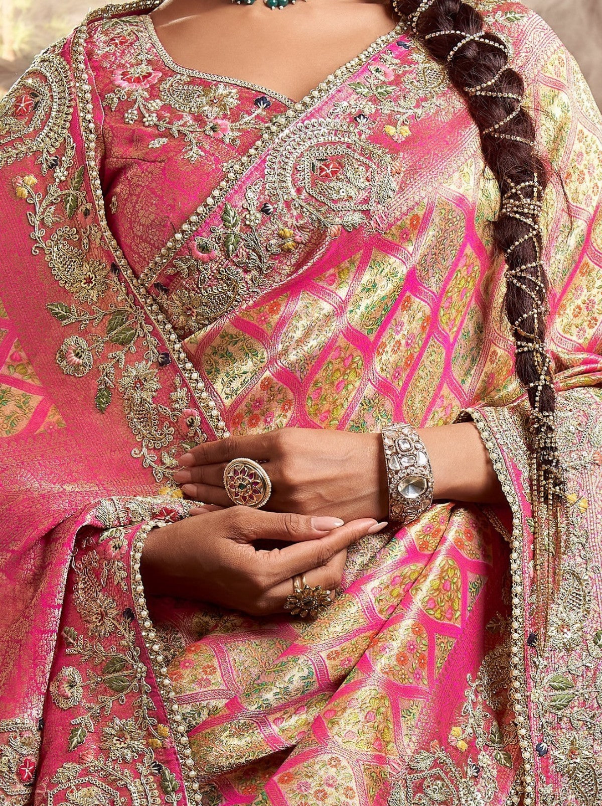 Rose Pink Premium Silk Blend Saree With Gold Thread Work