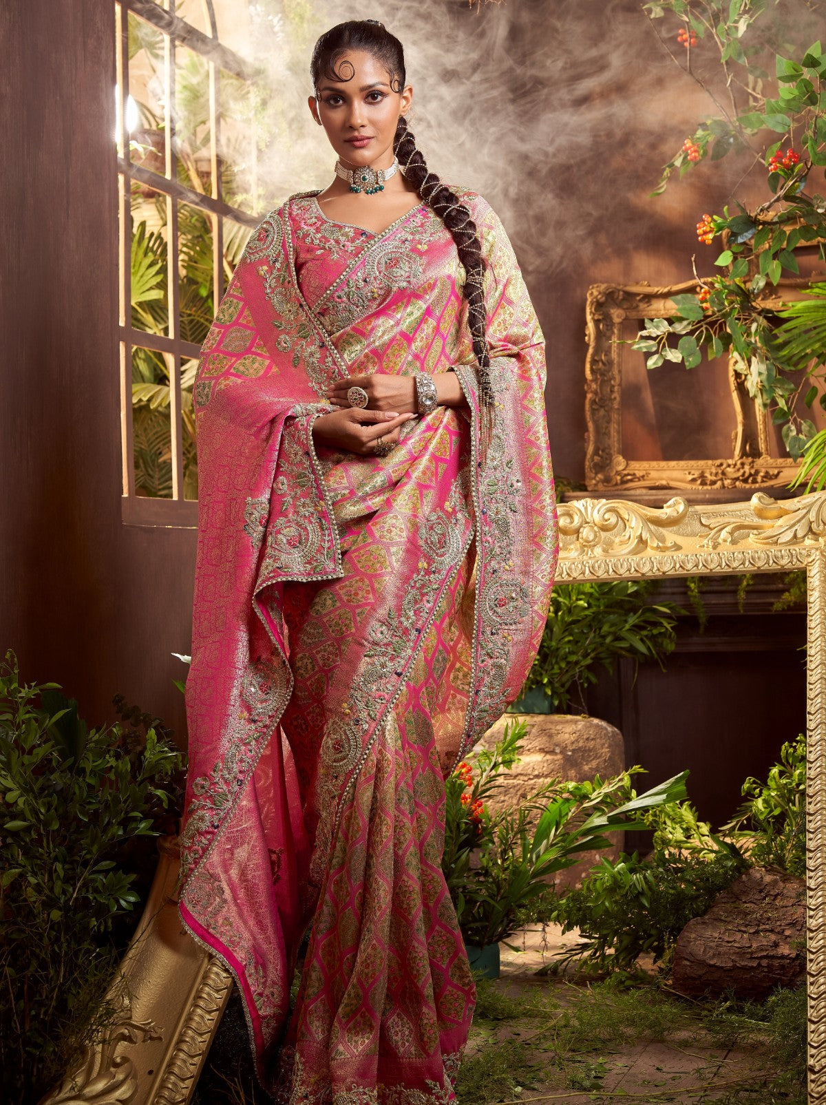 Rose Pink Premium Silk Blend Saree With Gold Thread Work