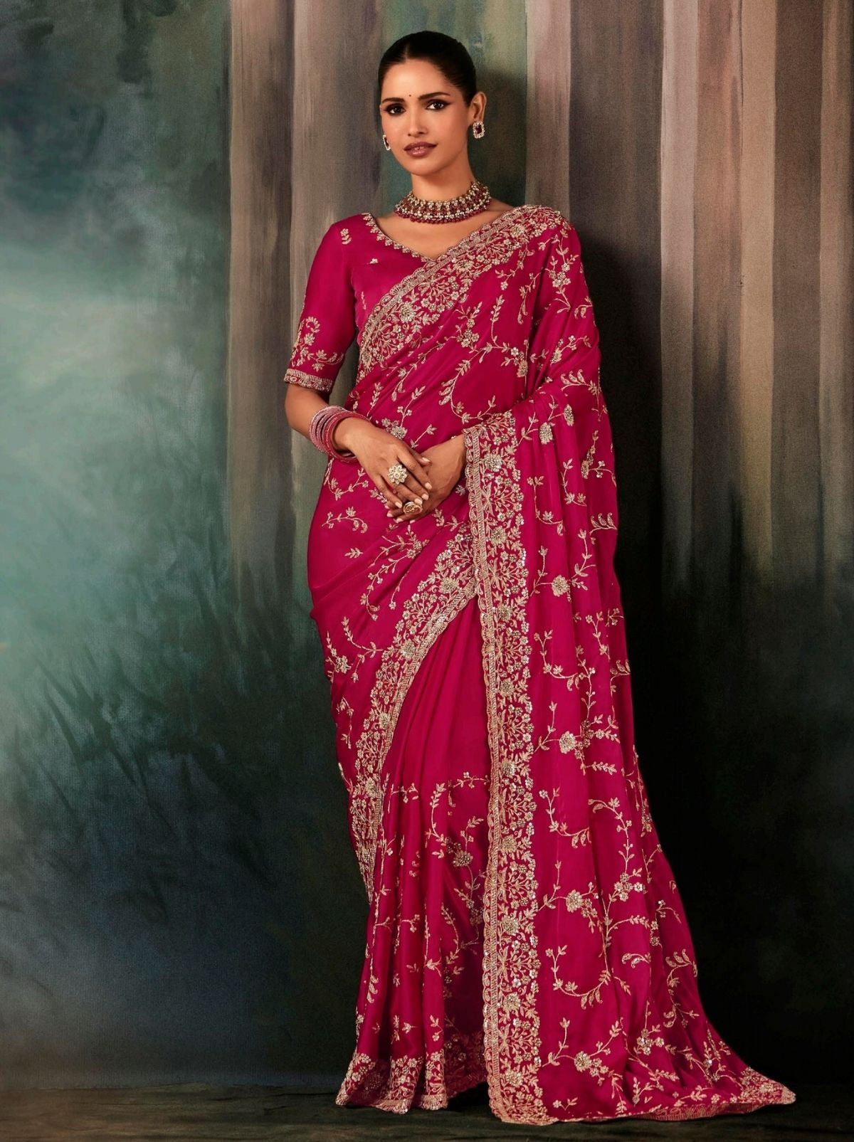 Ruby Pink Premium Soft Satin Silk Saree With Sequin Work