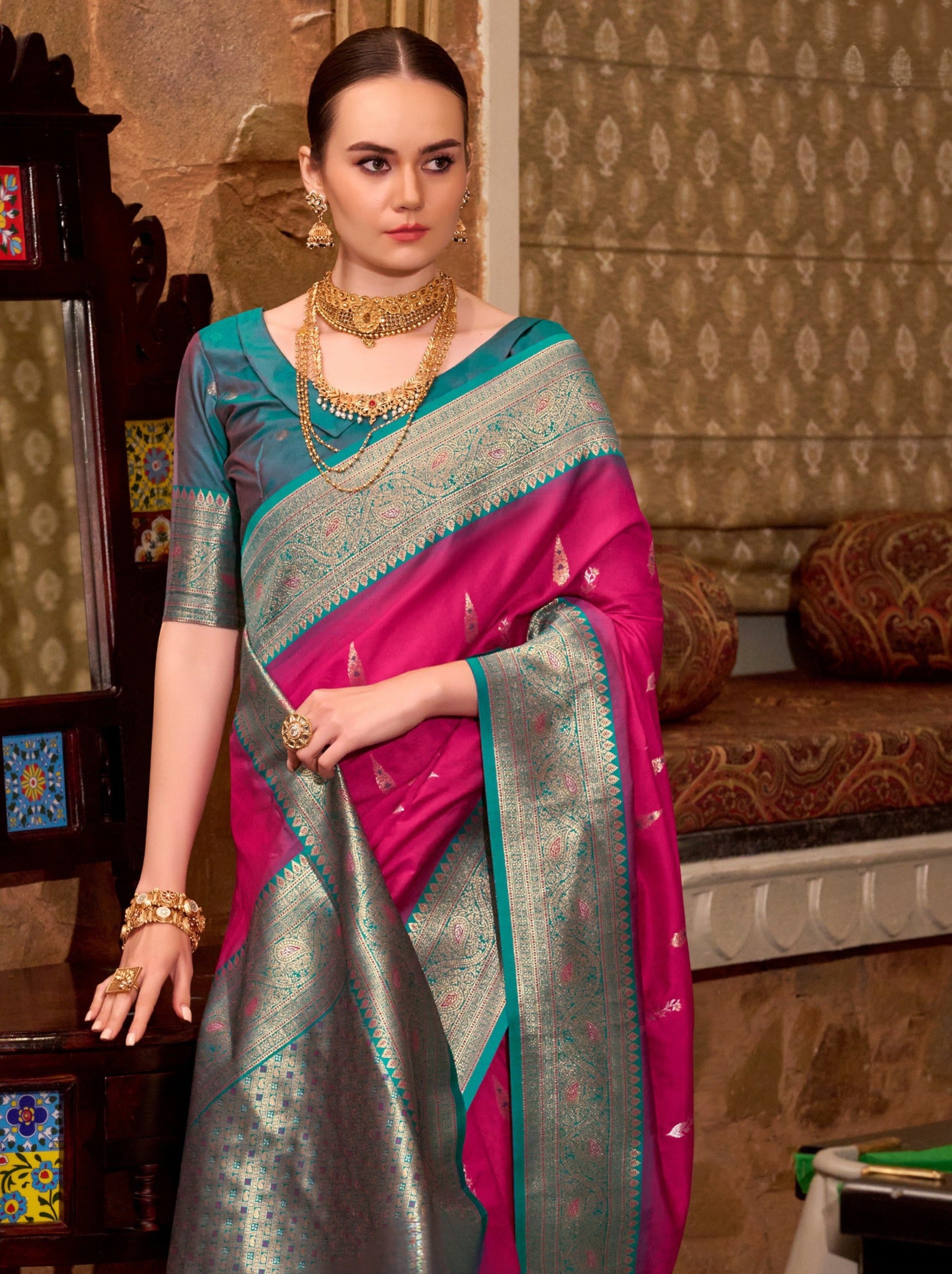 Ruby Pink Premium Festive Silk Saree With Unstitched Blouse - TrendOye