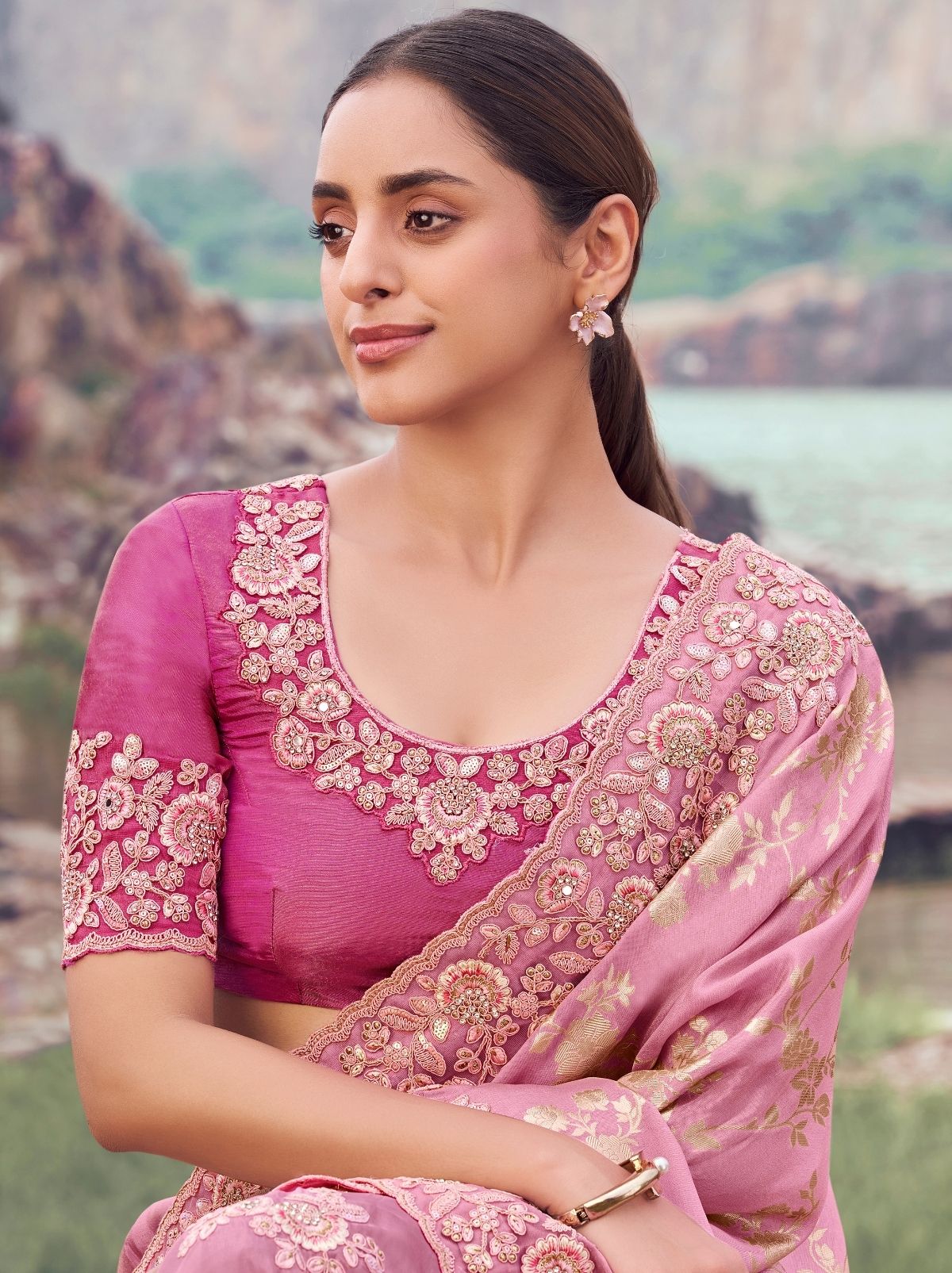 Taffy Pink Premium Tissue Silk Saree With Blouse Piece