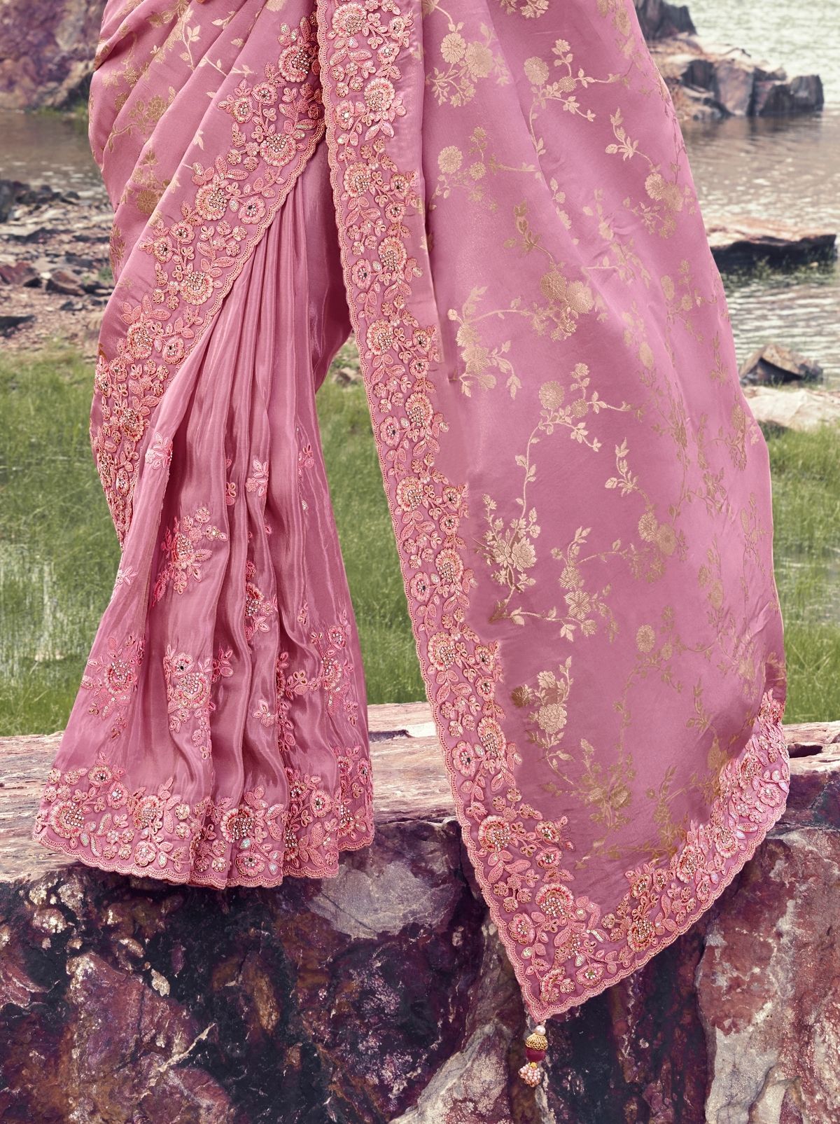 Taffy Pink Premium Tissue Silk Saree With Blouse Piece