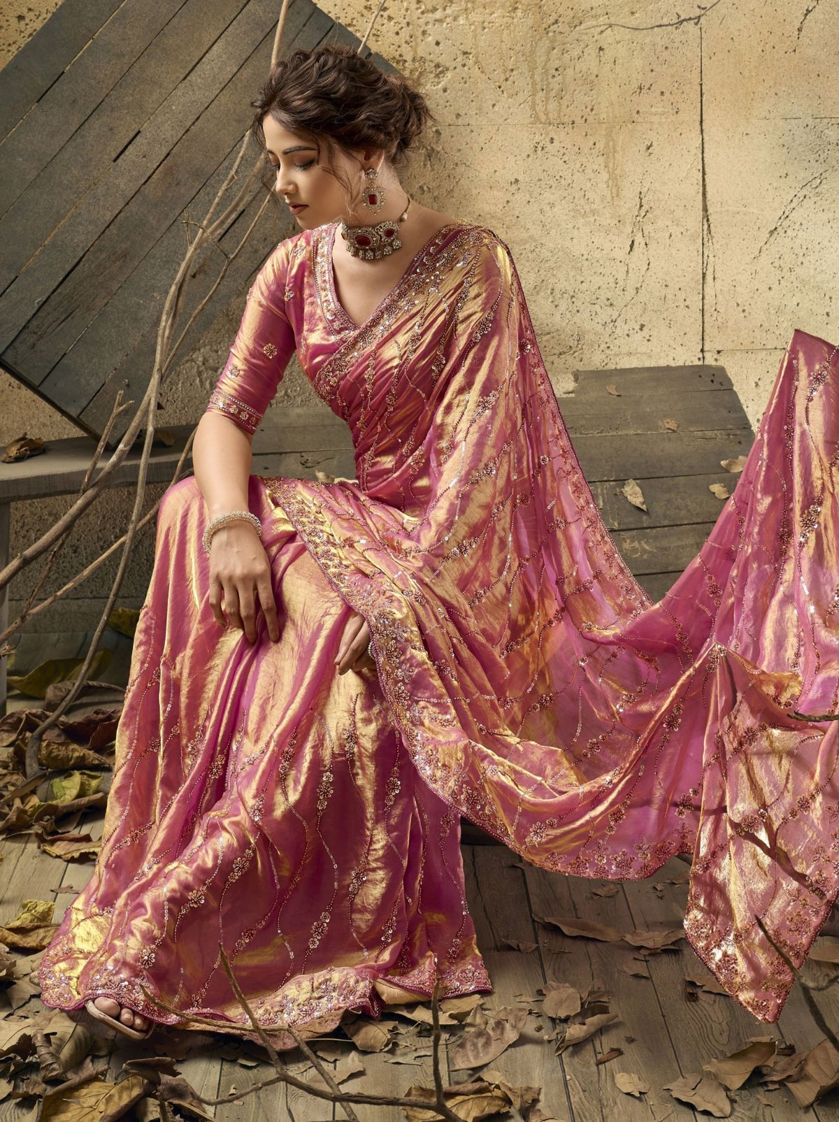 Punch Pink Premium Velvet Satin Saree With Sequin & Zari Work