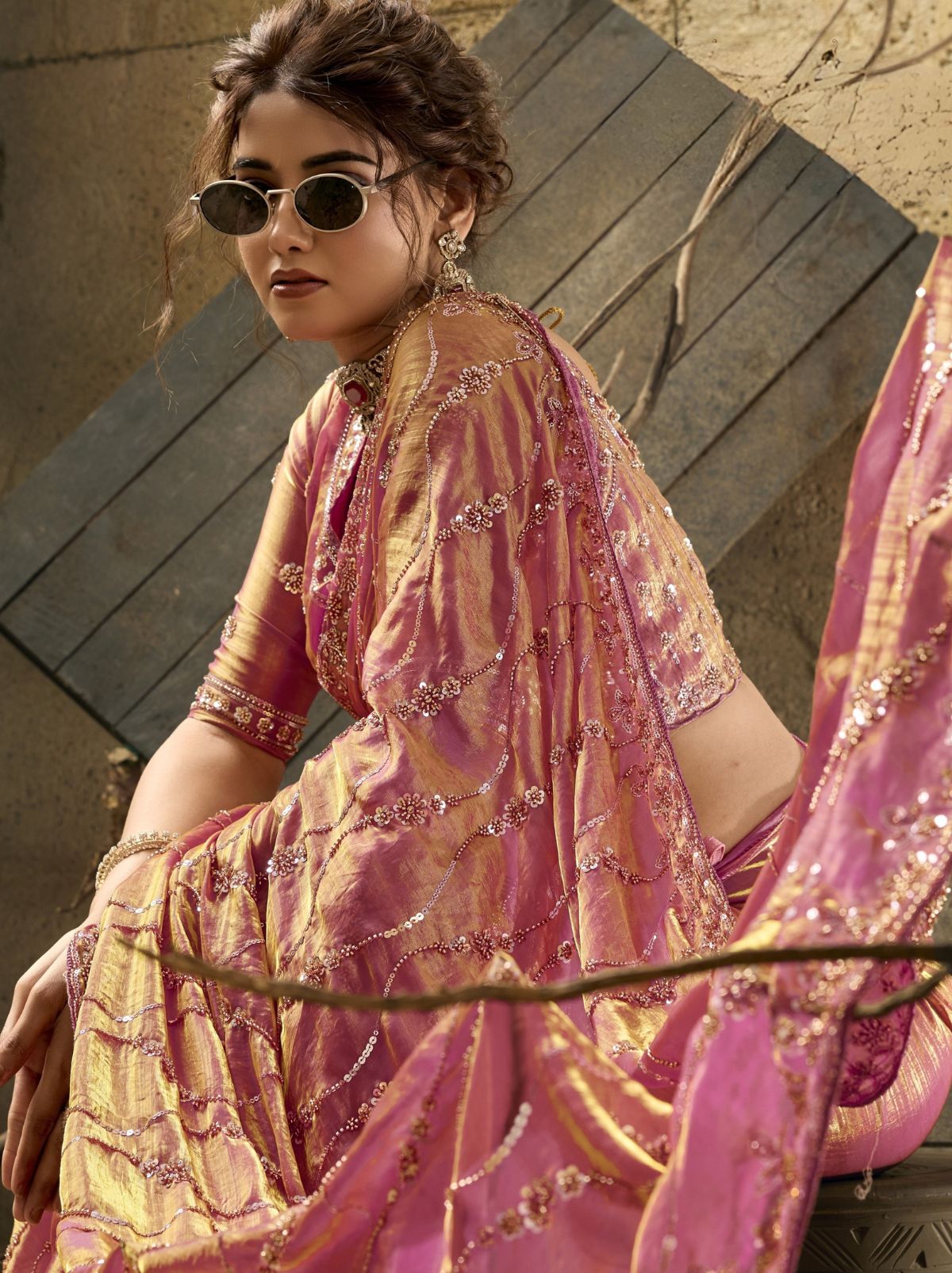 Punch Pink Premium Velvet Satin Saree With Sequin & Zari Work