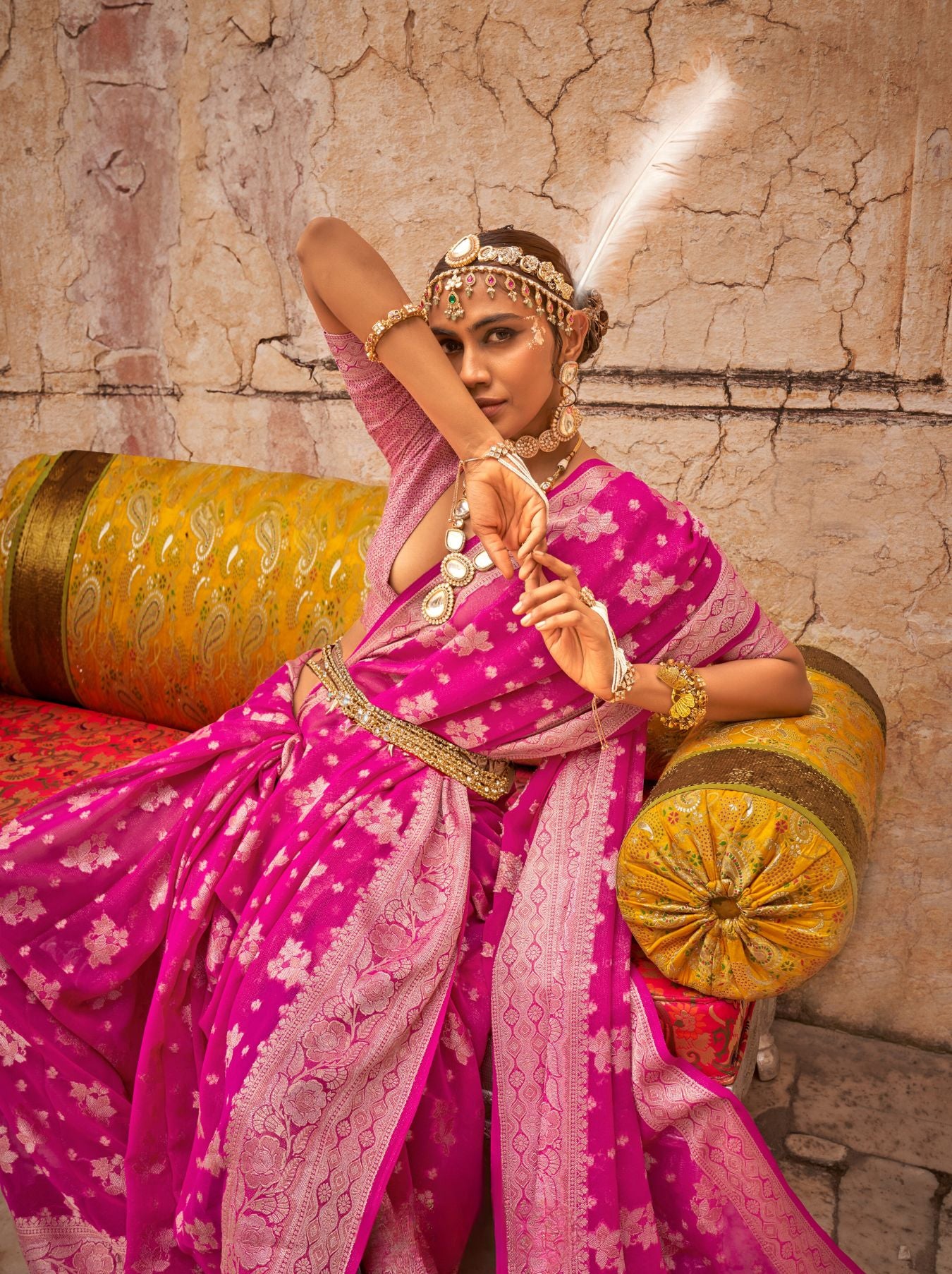 Hot Pink Festive Party Saree - TrendOye