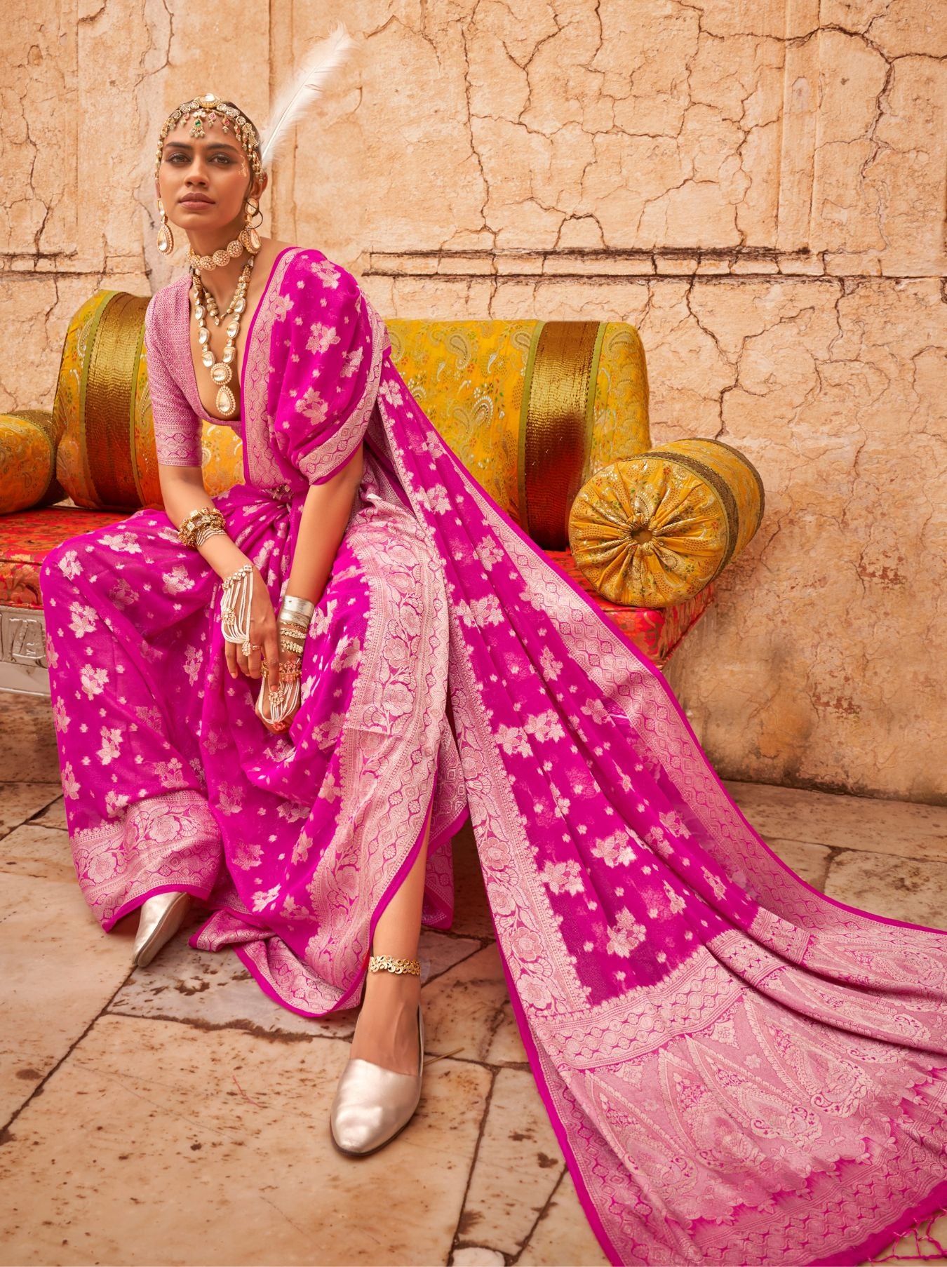 Hot Pink Festive Party Saree - TrendOye