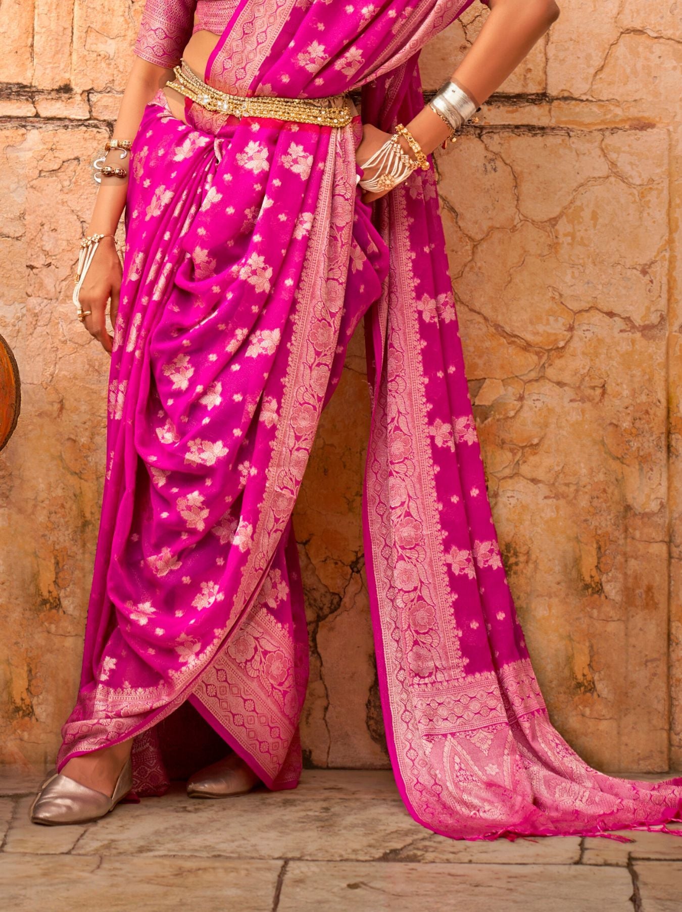 Hot Pink Festive Party Saree - TrendOye