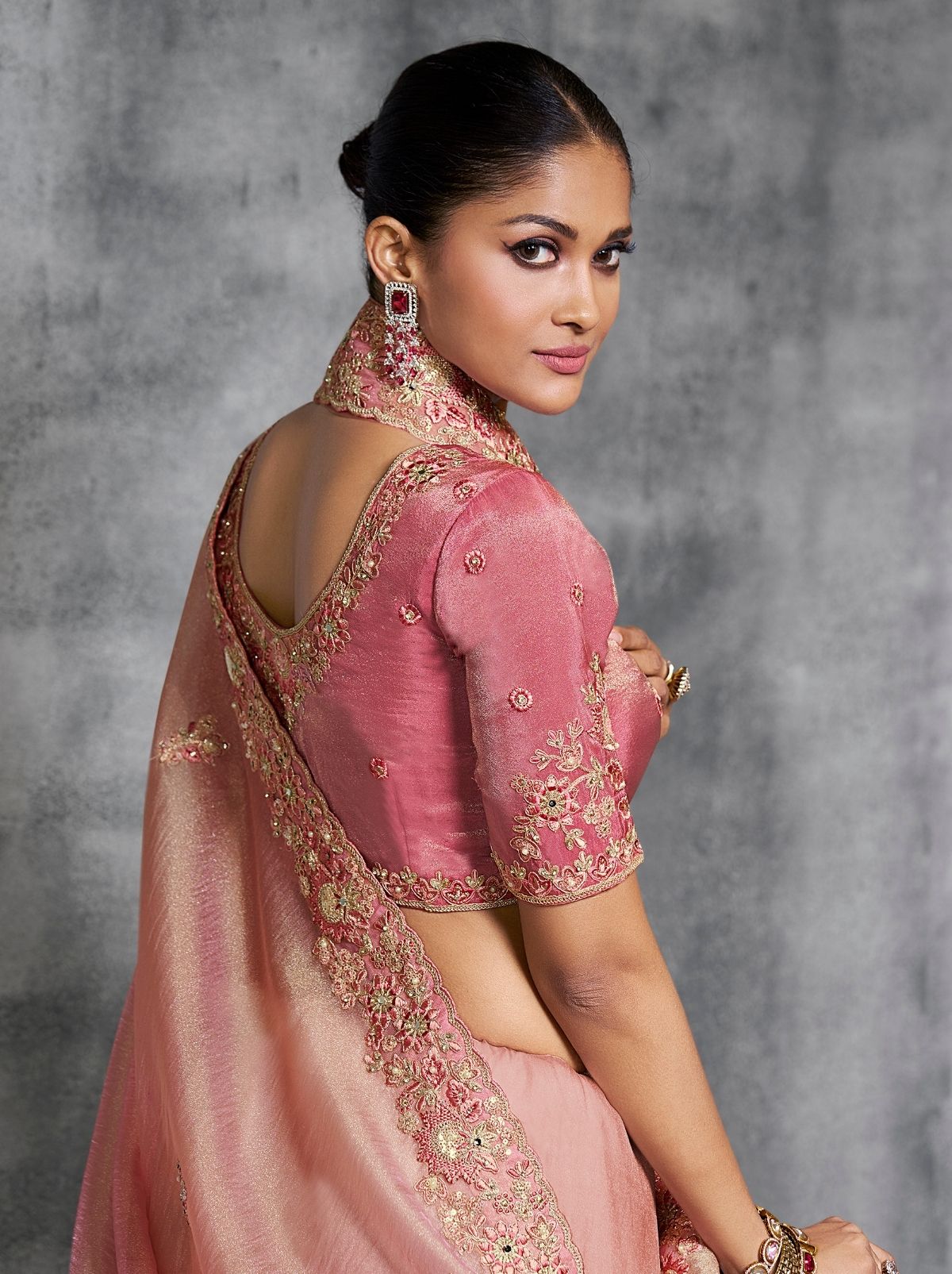 Flamingo Pink Premium Zari Tissue Silk Saree With Blouse Piece