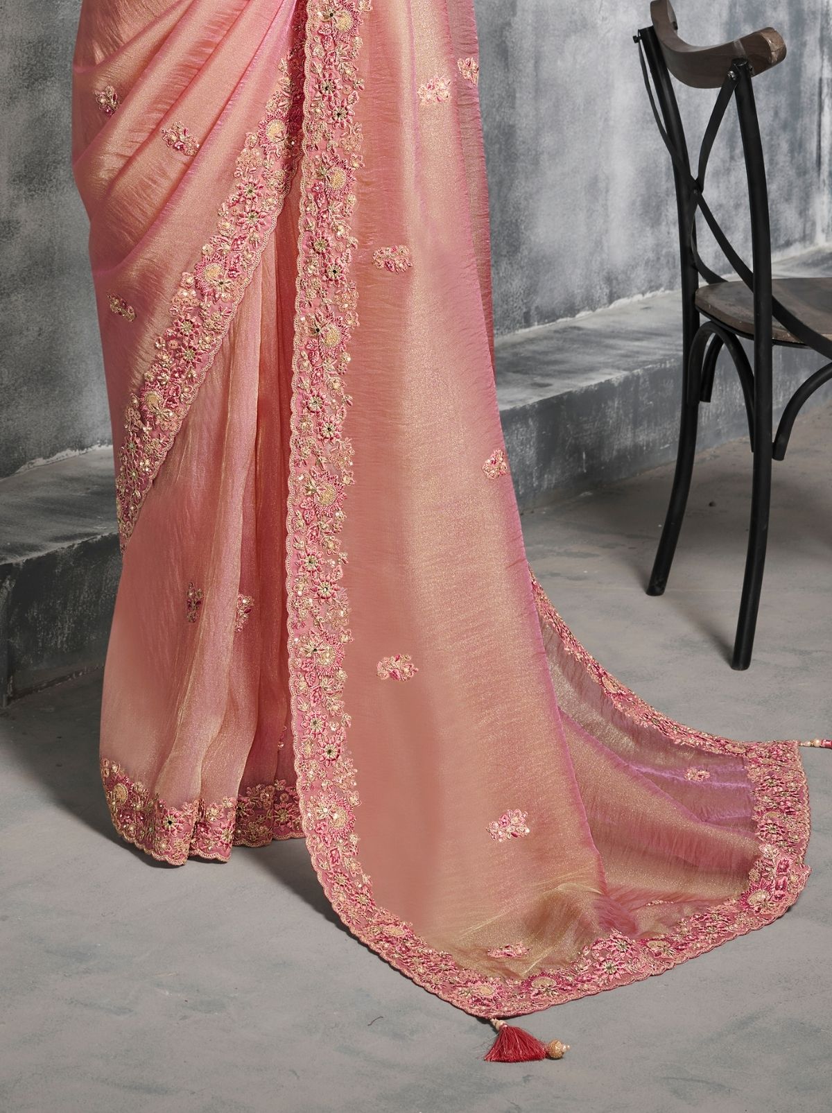 Flamingo Pink Premium Zari Tissue Silk Saree With Blouse Piece