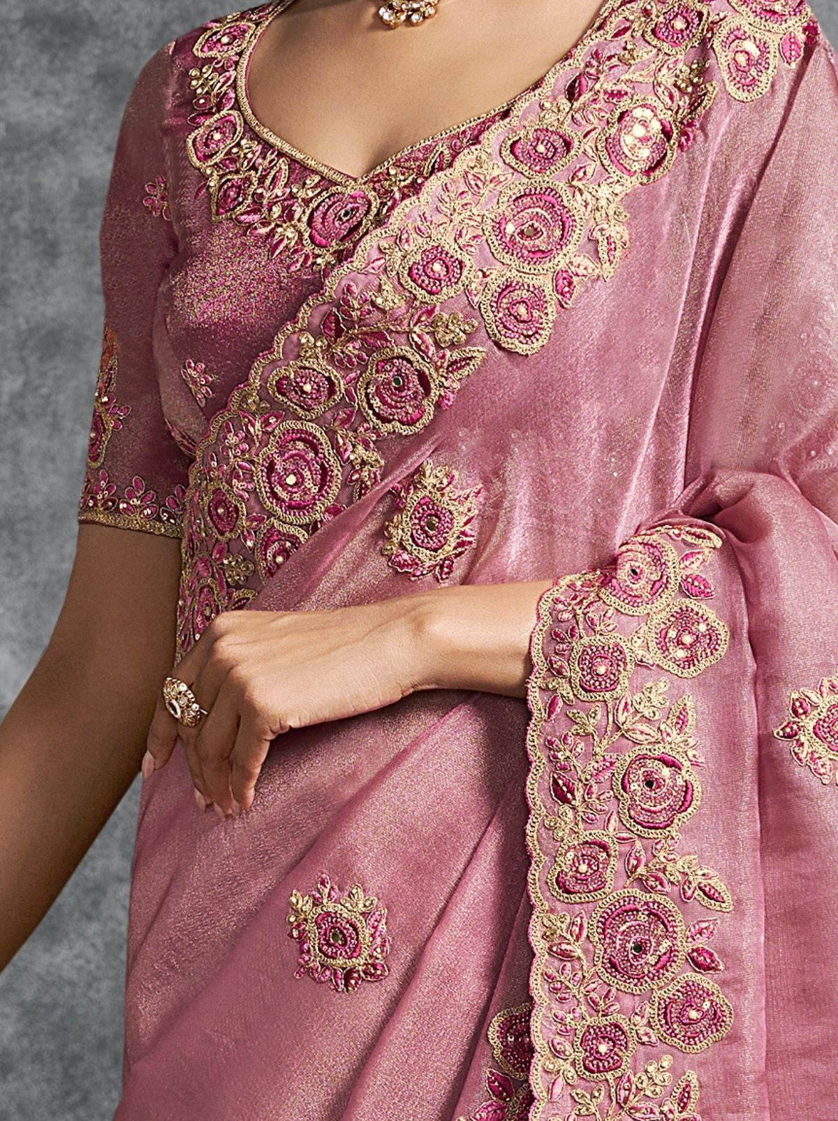 Thulian Pink Premium Zari Tissue Silk Saree With Tassels
