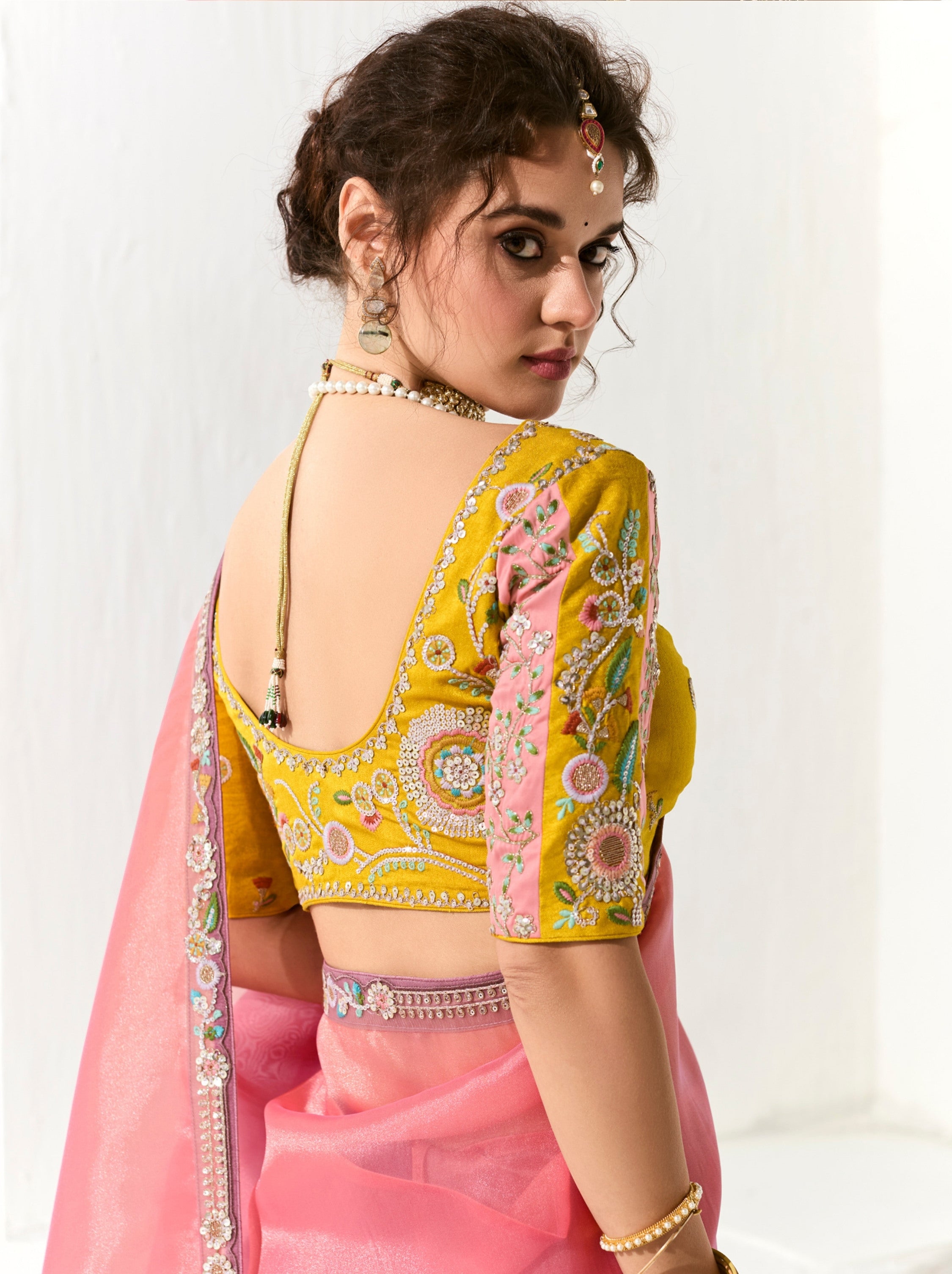 Dual Tone Pink-Purple Organza Tissue Ethnic Saree With Embroidered Border - TrendOye