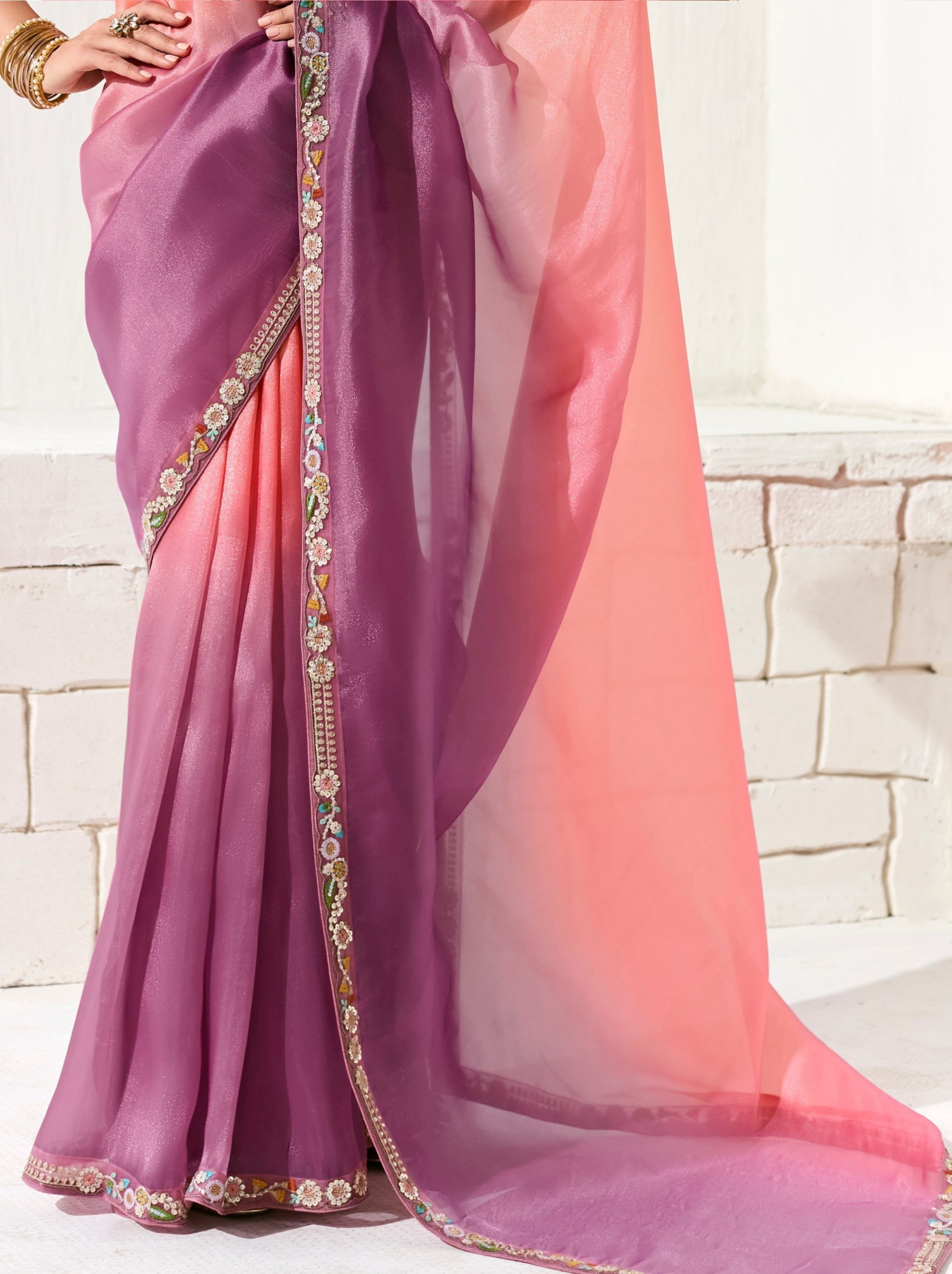 Dual Tone Pink-Purple Organza Tissue Ethnic Saree With Embroidered Border - TrendOye