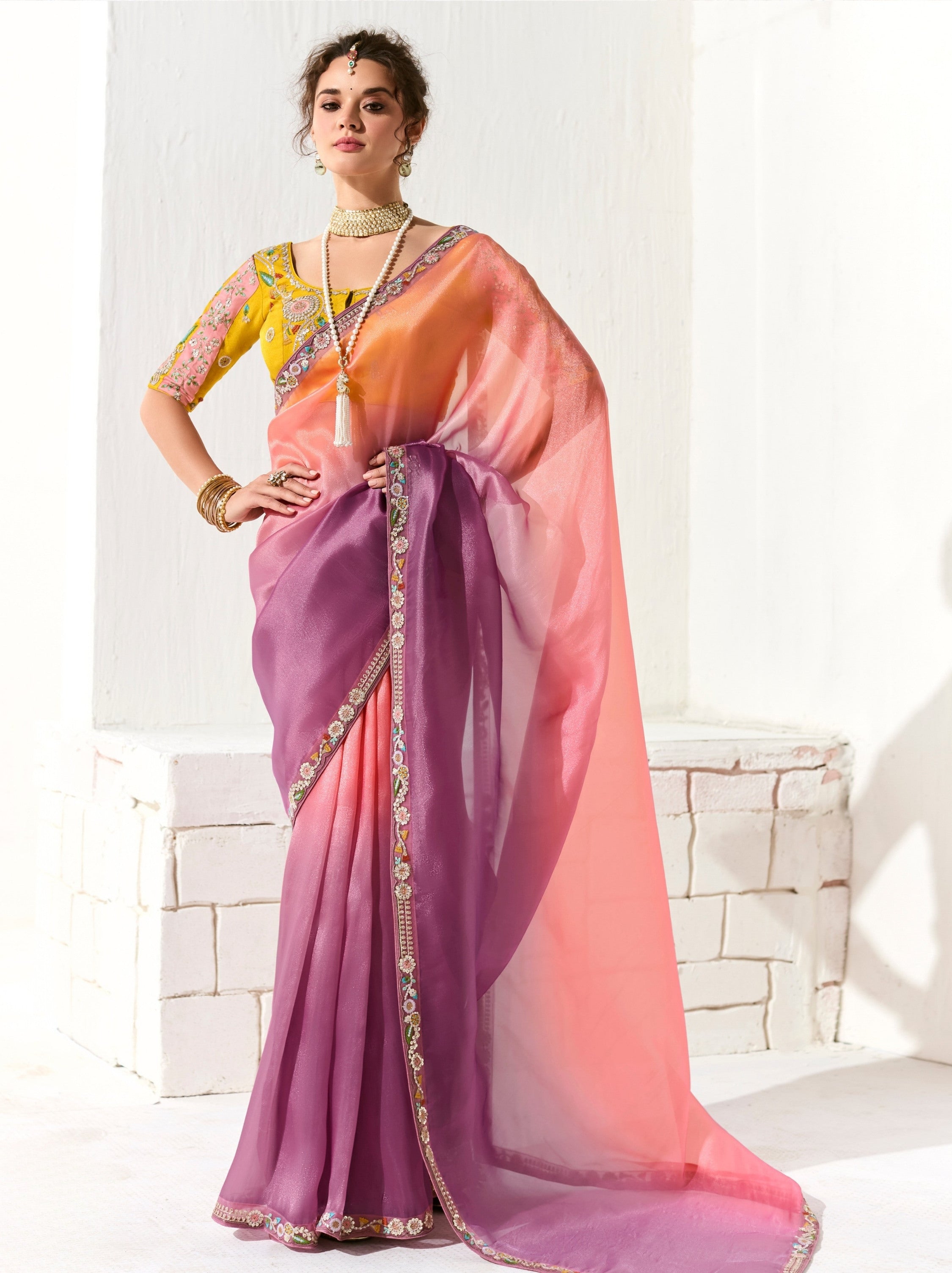 Dual Tone Pink-Purple Organza Tissue Ethnic Saree With Embroidered Border - TrendOye